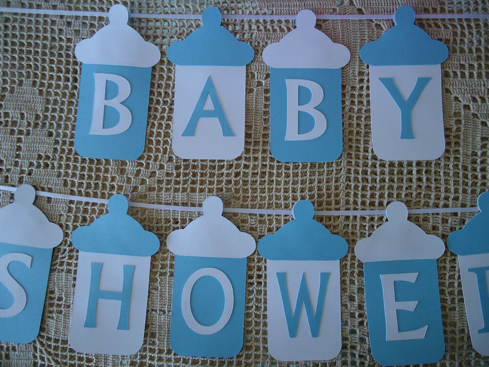 BABY SHOWER Bunting Banner Flags Garland Blue White Baby Boy Bottles 