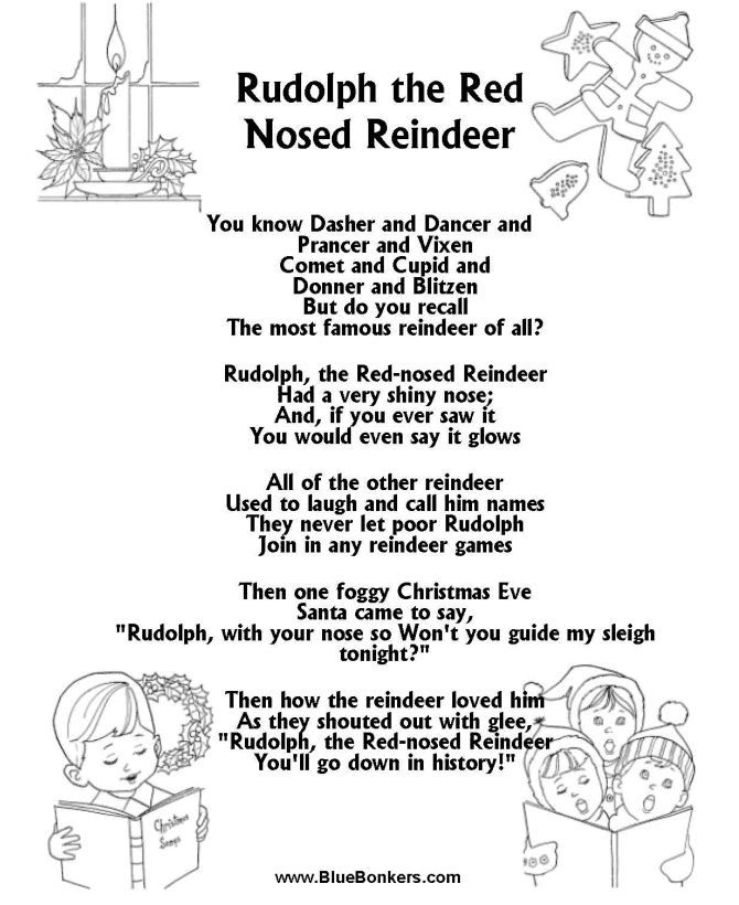 Christmas Carol Lyrics RUDOLPH THE RED NOSED REINDEER Www Fanny Printable