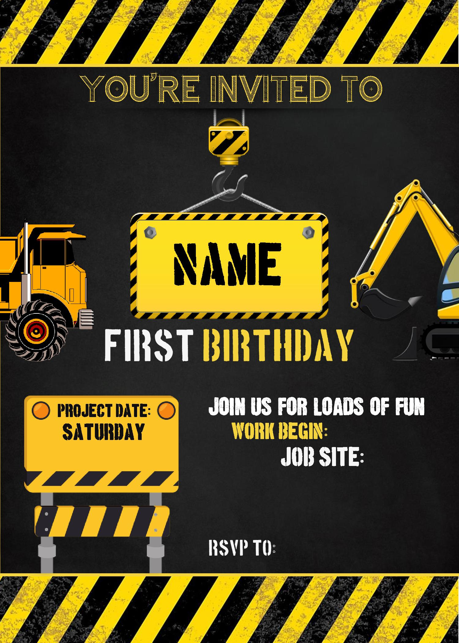 Construction Birthday Invitation Templates Editable With MS Word 