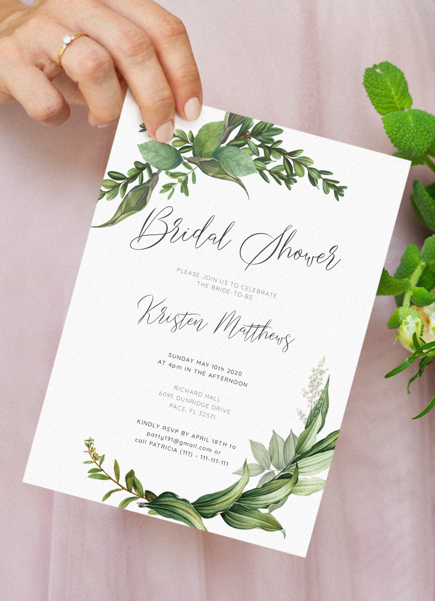 Download Printable Green Floral Bridal Shower Invitation PDF