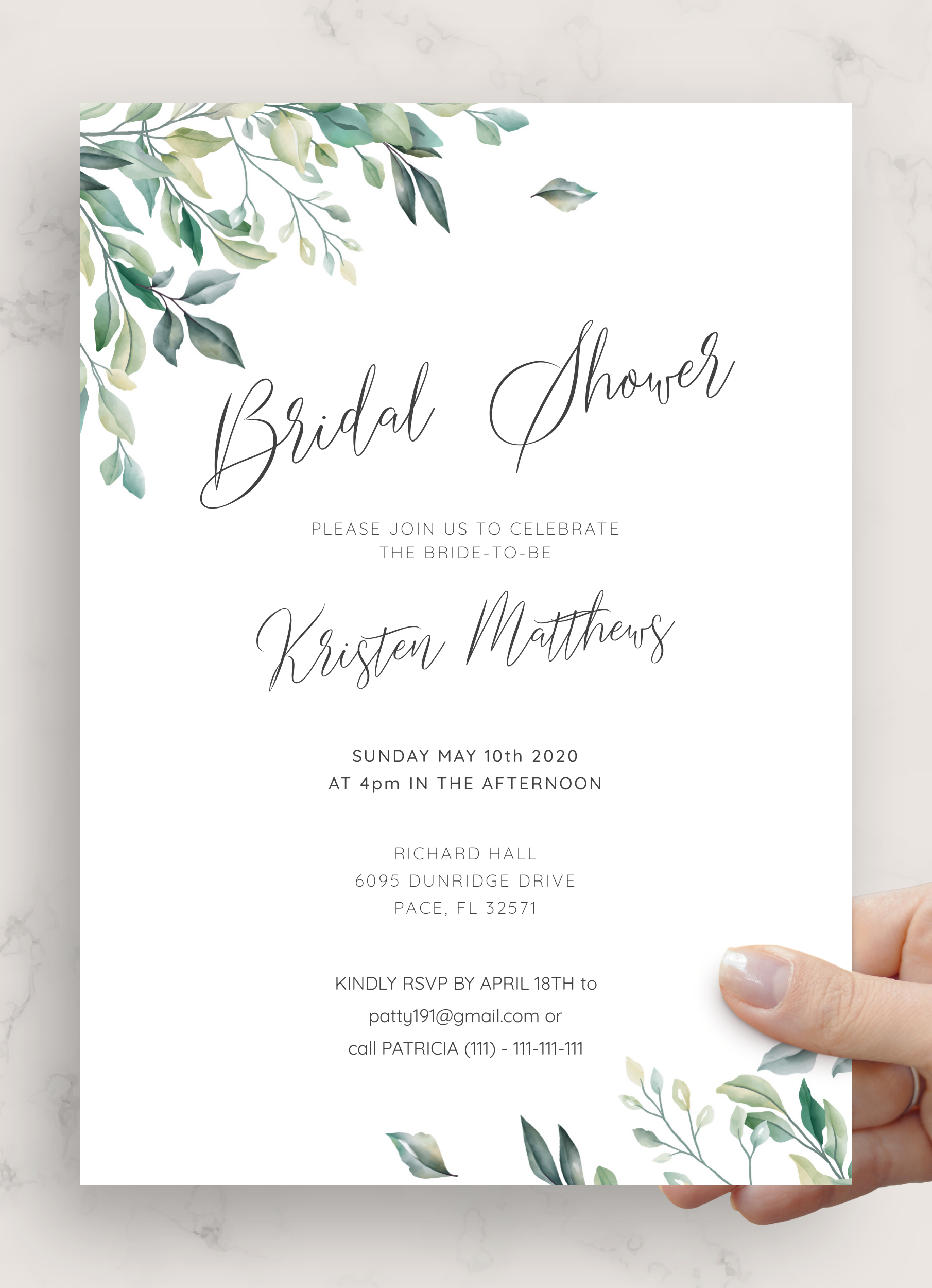 Download Printable Green Leaves Bridal Shower Invitation PDF