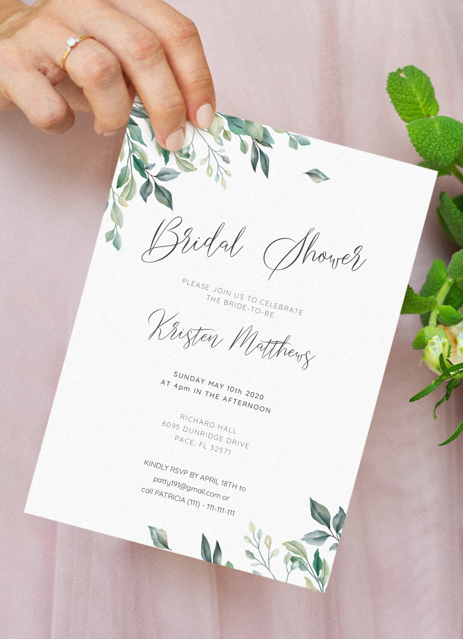 Download Printable Green Leaves Bridal Shower Invitation PDF