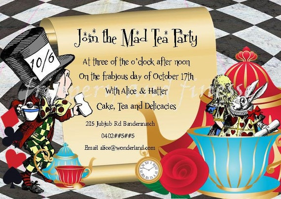 Mad Hatter Tea Party Invite Invitation Digital Card 300dpi