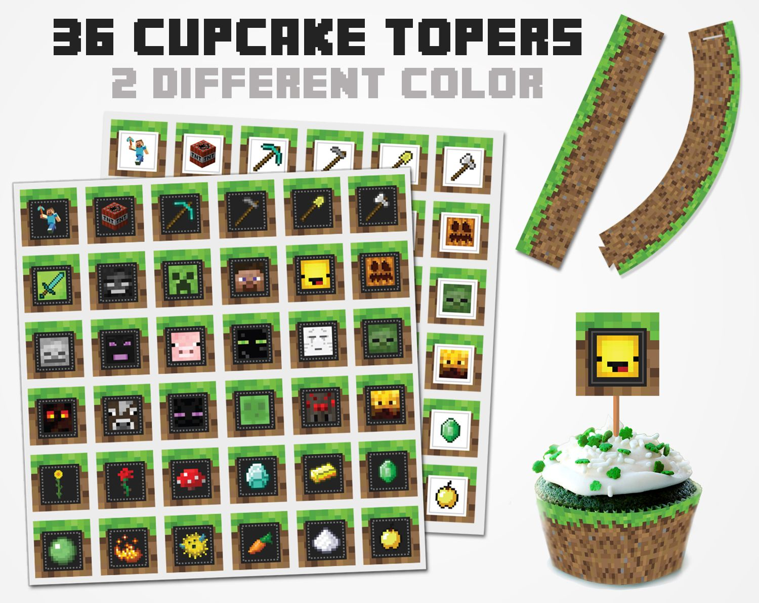 Minecraft Cupcake Topper 2 Color Variations Minecraft Topper 