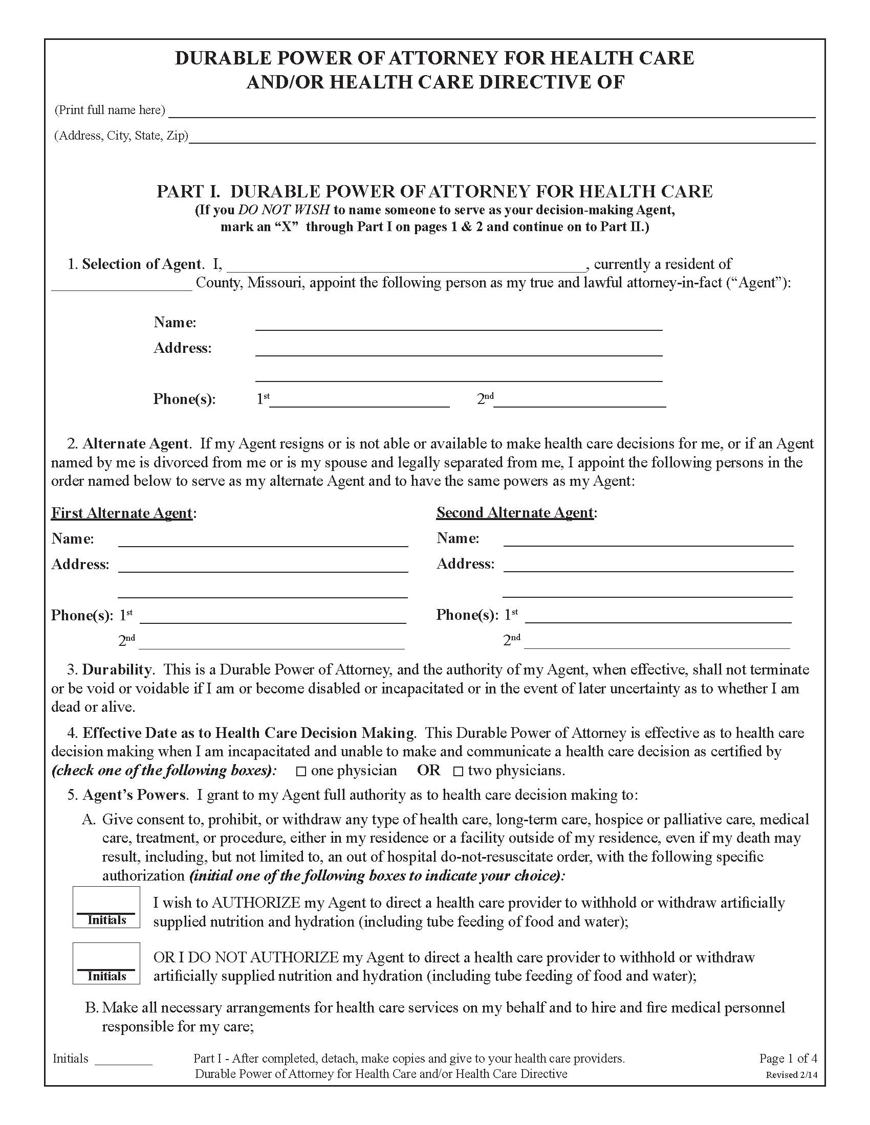 Missouri Health Care Power Of Attorney Fillable PDF Free Printable 