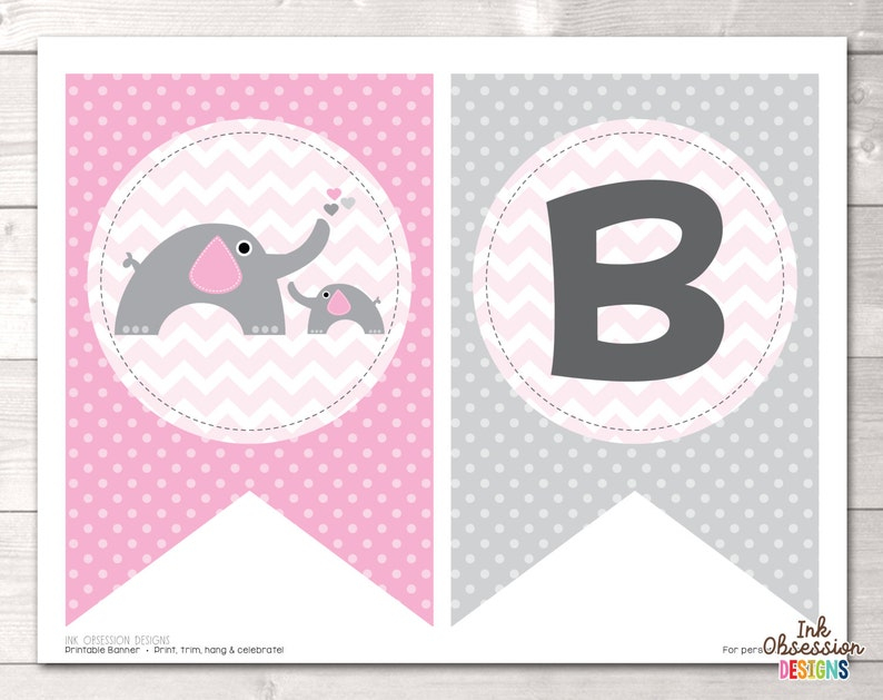 Printable Baby Shower Banner Bunting PDF Girls Pink And Gray Etsy