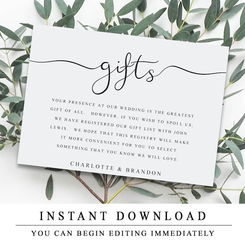 Printable Wedding Gift Registry Template Wedding Insert Etsy