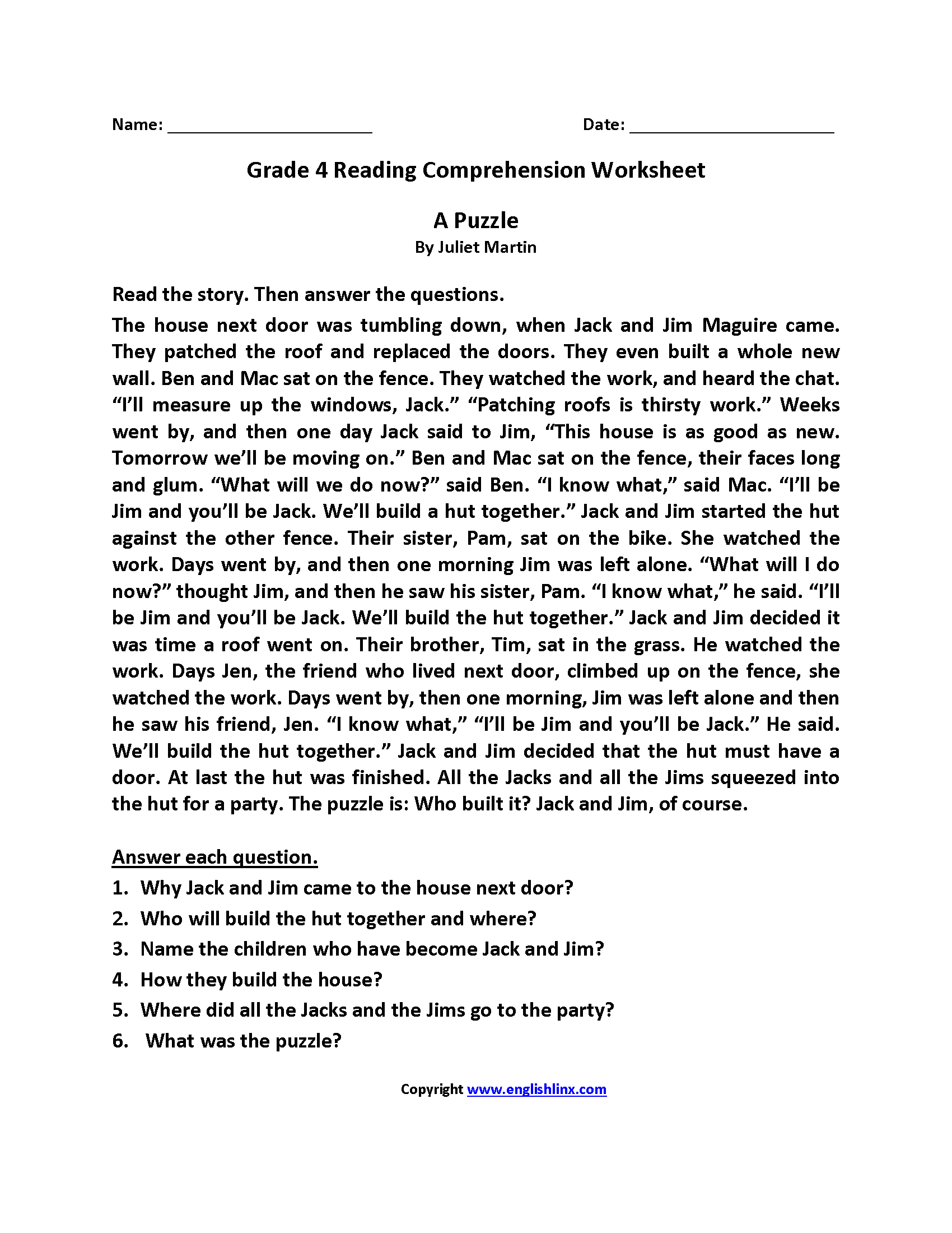 Reading Worksheeets Free Printable Short Stories For 4Th Graders 