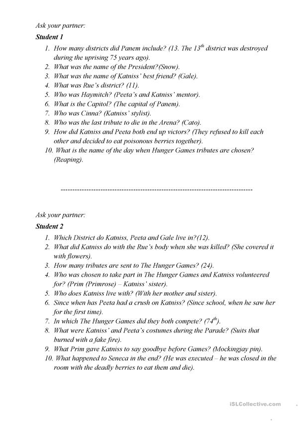 The Hunger Games movie Worksheet Worksheet Free ESL Printable 