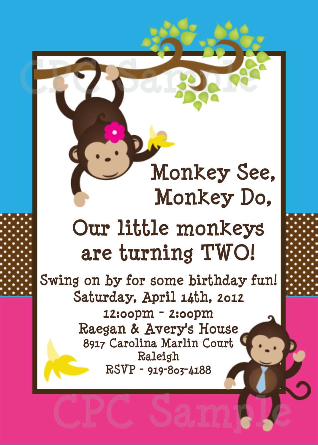 Twins Monkey Birthday Invitations Printable Party Invite