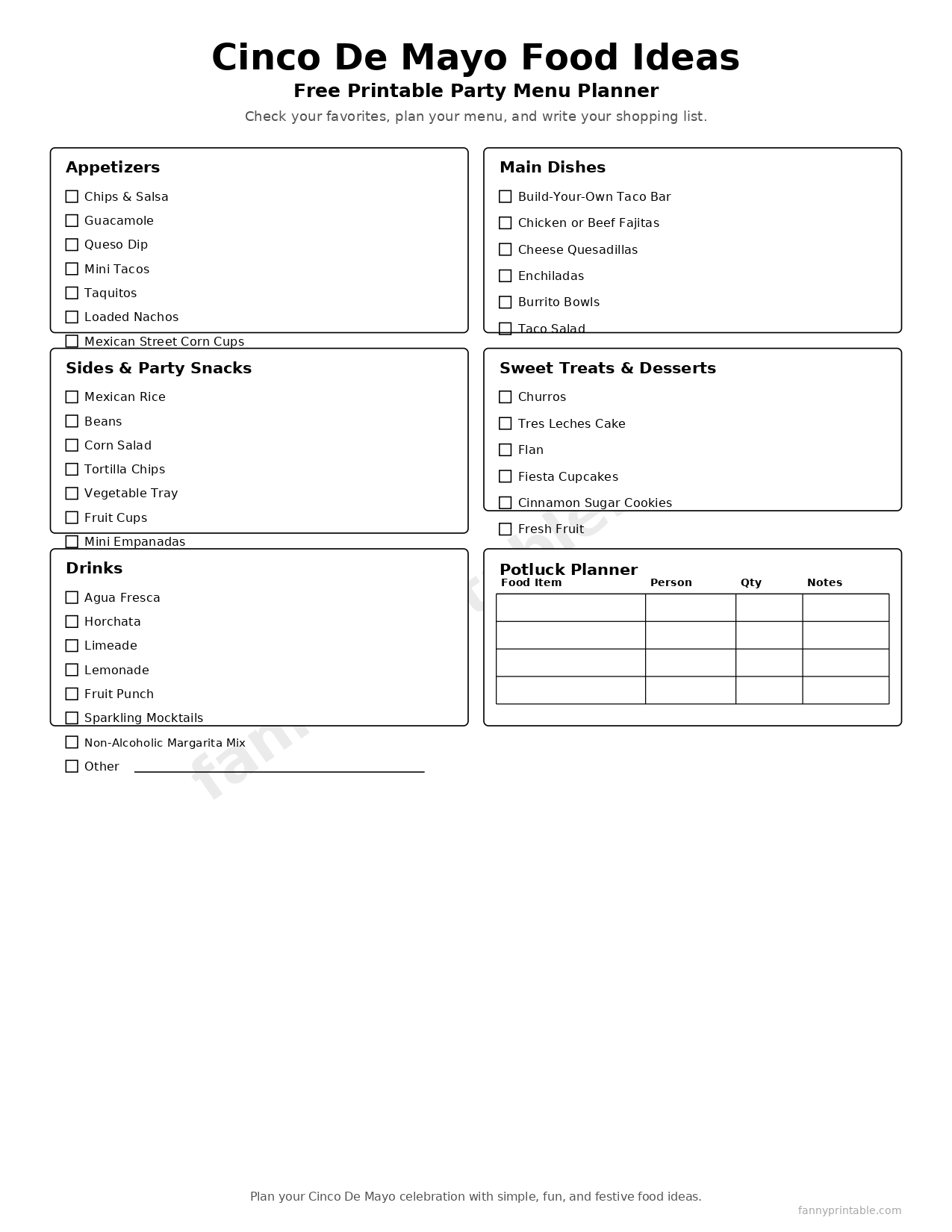 Cinco de Mayo Food Ideas - Minimalist Checklist Page 1 - FannyPrintable.Com