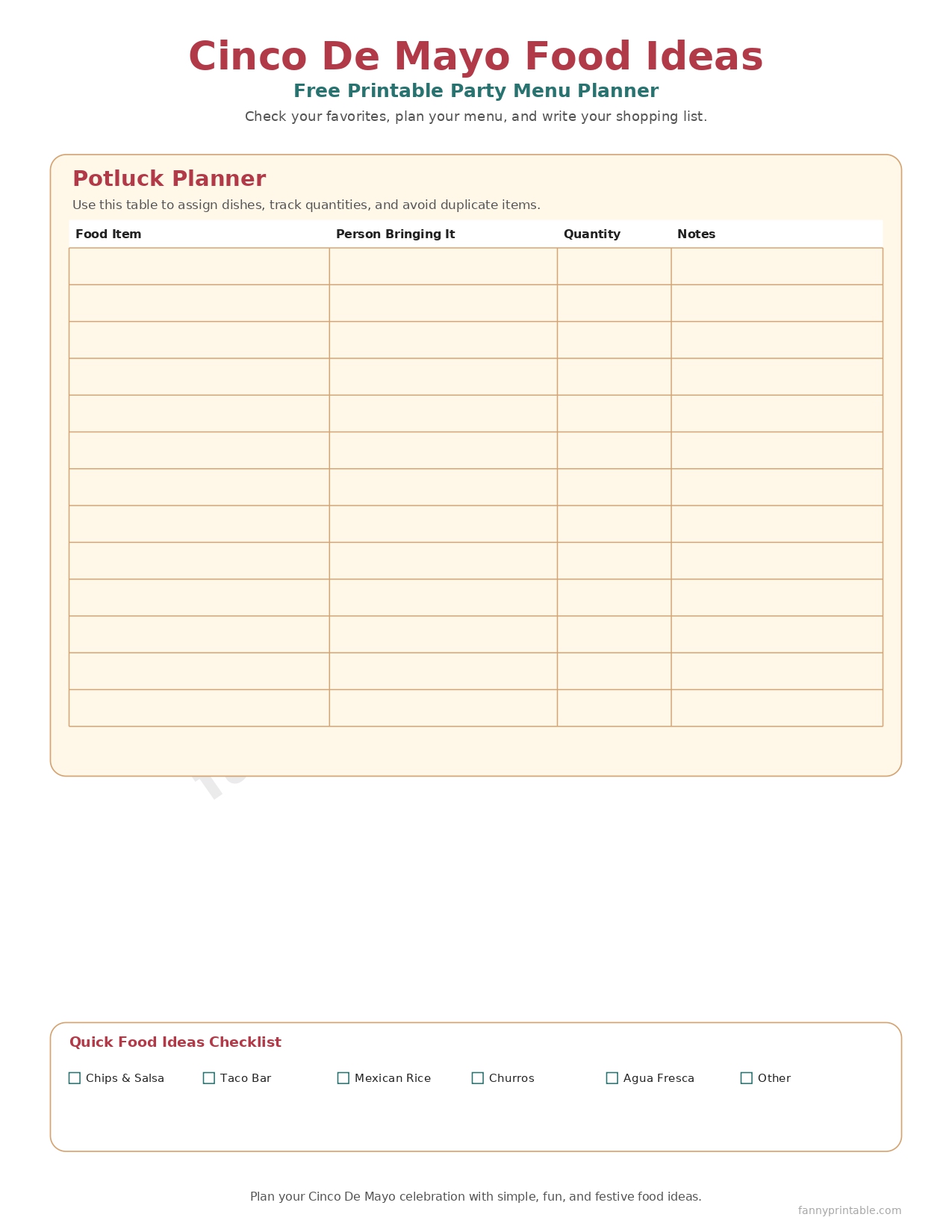 Cinco de Mayo Food Ideas - Potluck Organizer Page 1 - FannyPrintable.Com
