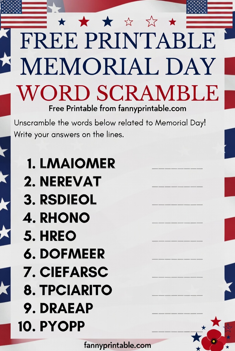 Free Printable Memorial Day Word Scramble - FannyPrintable.Com (1)