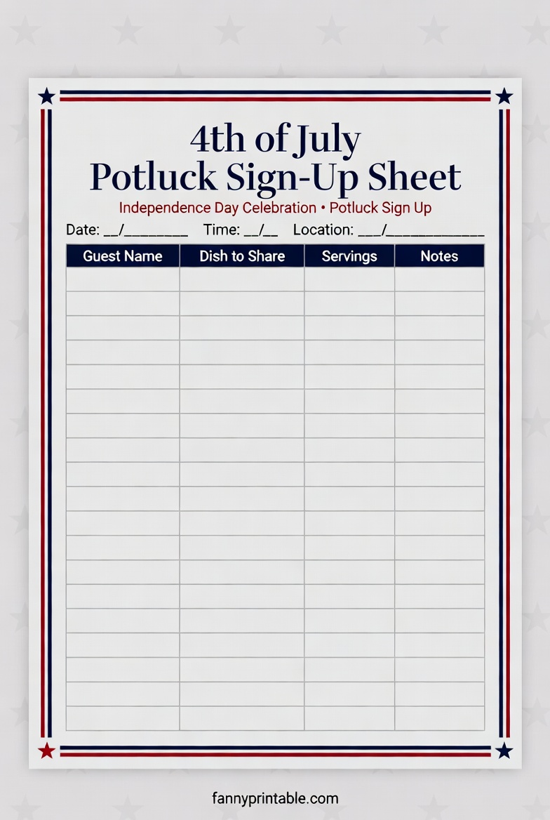 Free Printable 4th of July Potluck Sign Up Sheet 1 Free Printable 4th of July Potluck Sign-Up Sheet (1)
