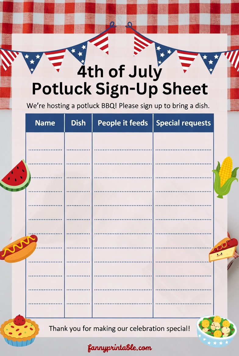 Free Printable 4th of July Potluck Sign Up Sheet 2 Free Printable 4th of July Potluck Sign-Up Sheet (2)