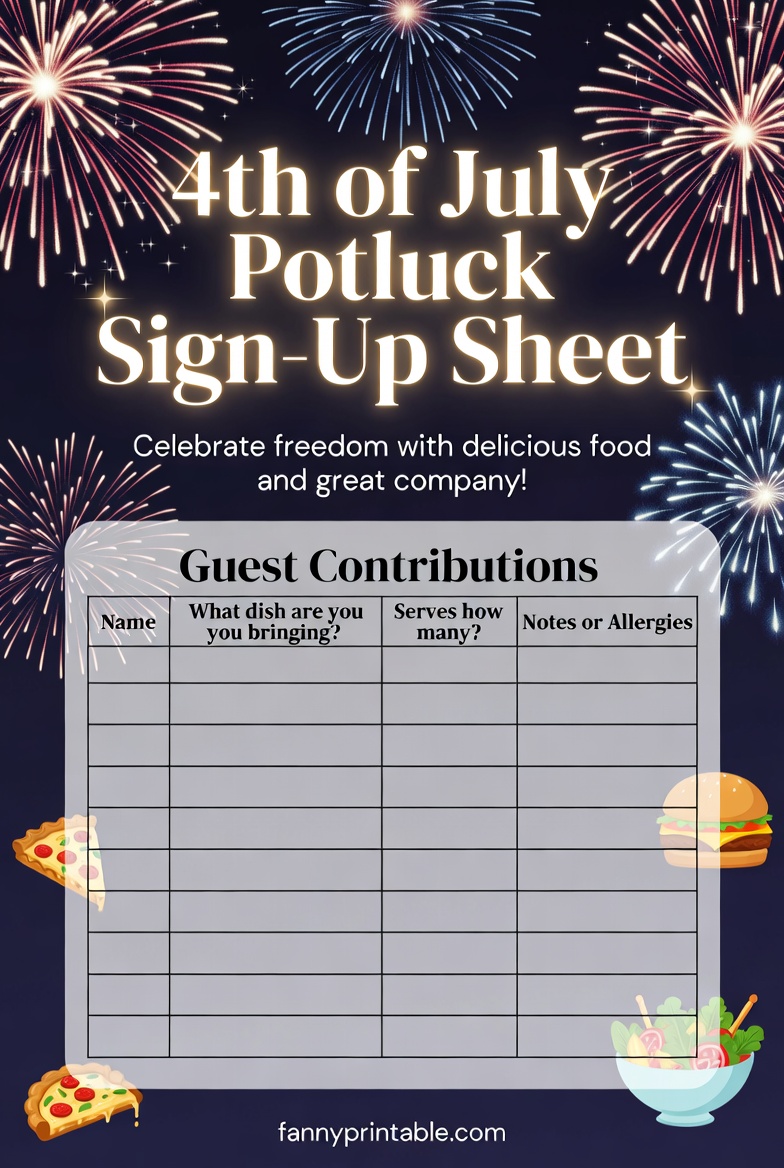 Free Printable 4th of July Potluck Sign Up Sheet 3 Free Printable 4th of July Potluck Sign-Up Sheet (3)