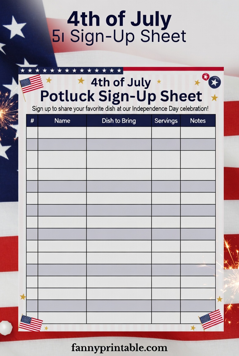 Free Printable 4th of July Potluck Sign Up Sheet 4 Free Printable 4th of July Potluck Sign-Up Sheet (4)