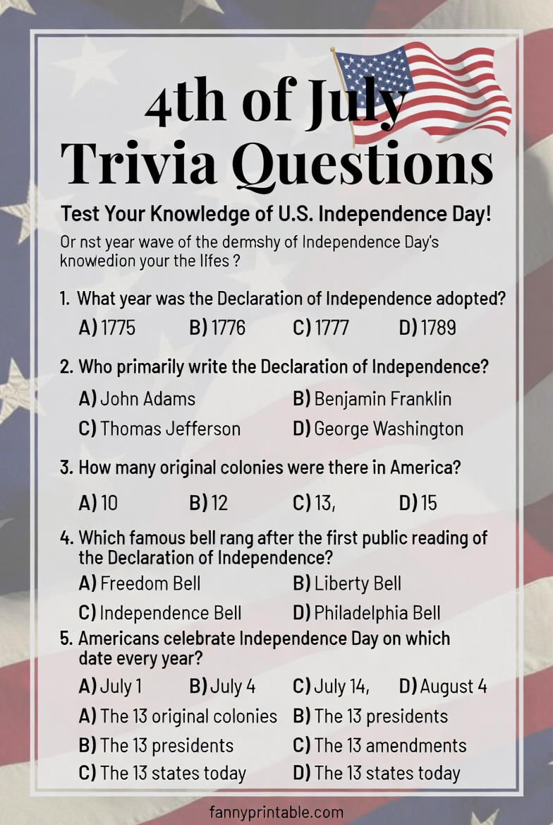 Printable 4th of July Trivia Questions and Answers 3 Printable 4th of July Trivia Questions and Answers (3)