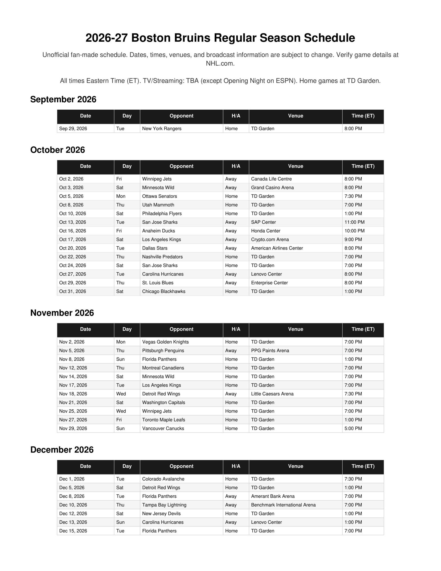 2026-27 Boston Bruins Schedule Printable 1