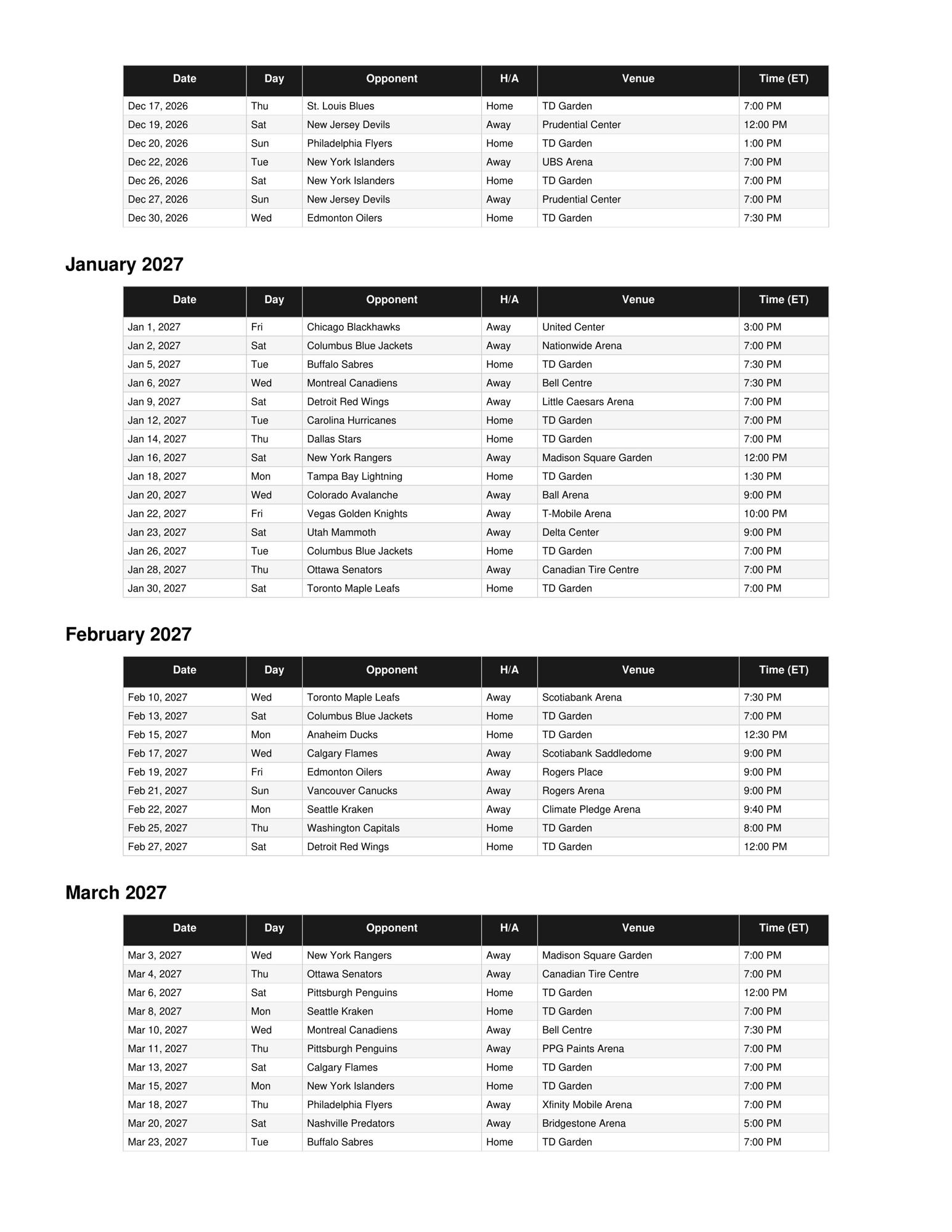 2026-27 Boston Bruins Schedule Printable 2