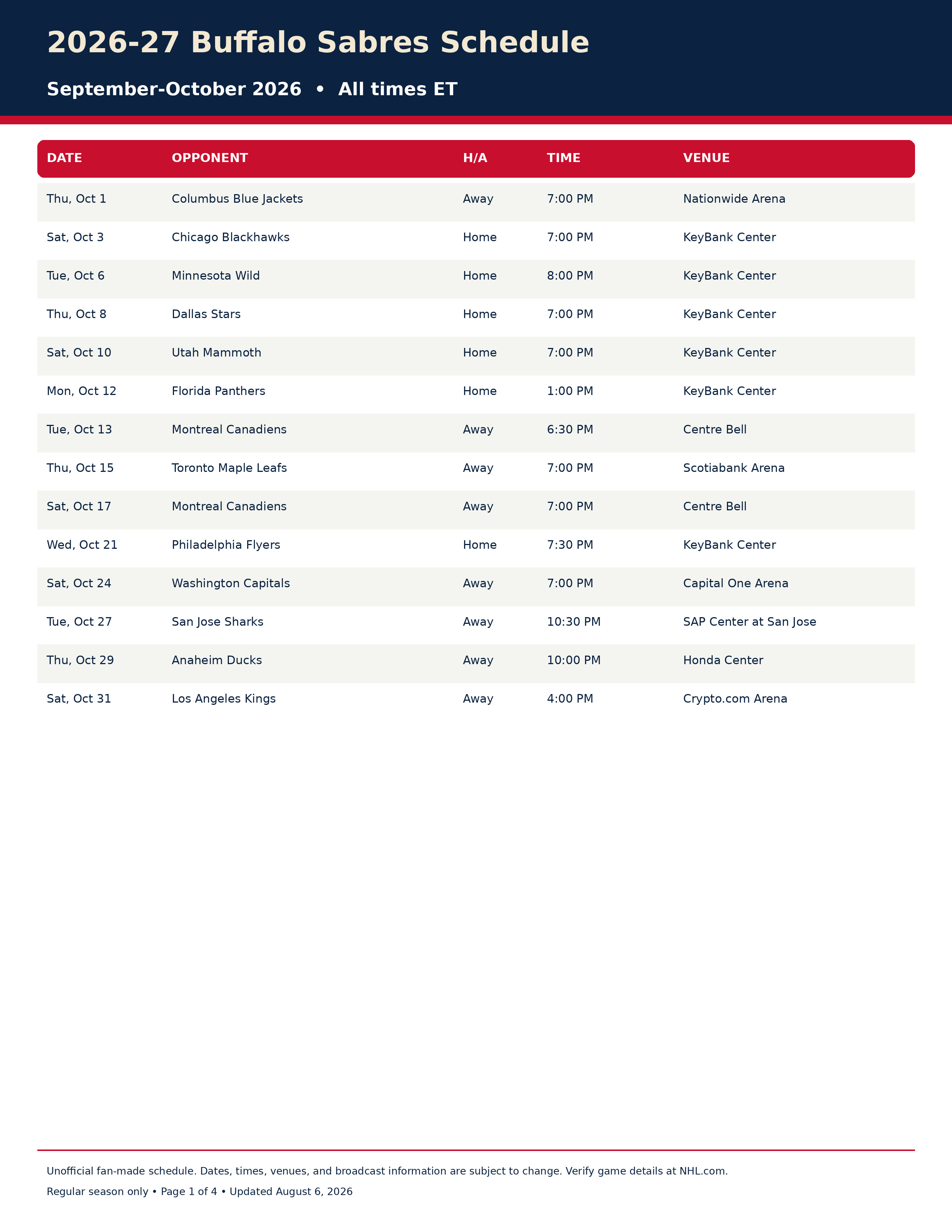 2026-27 Buffalo Sabres Schedule Printable 1