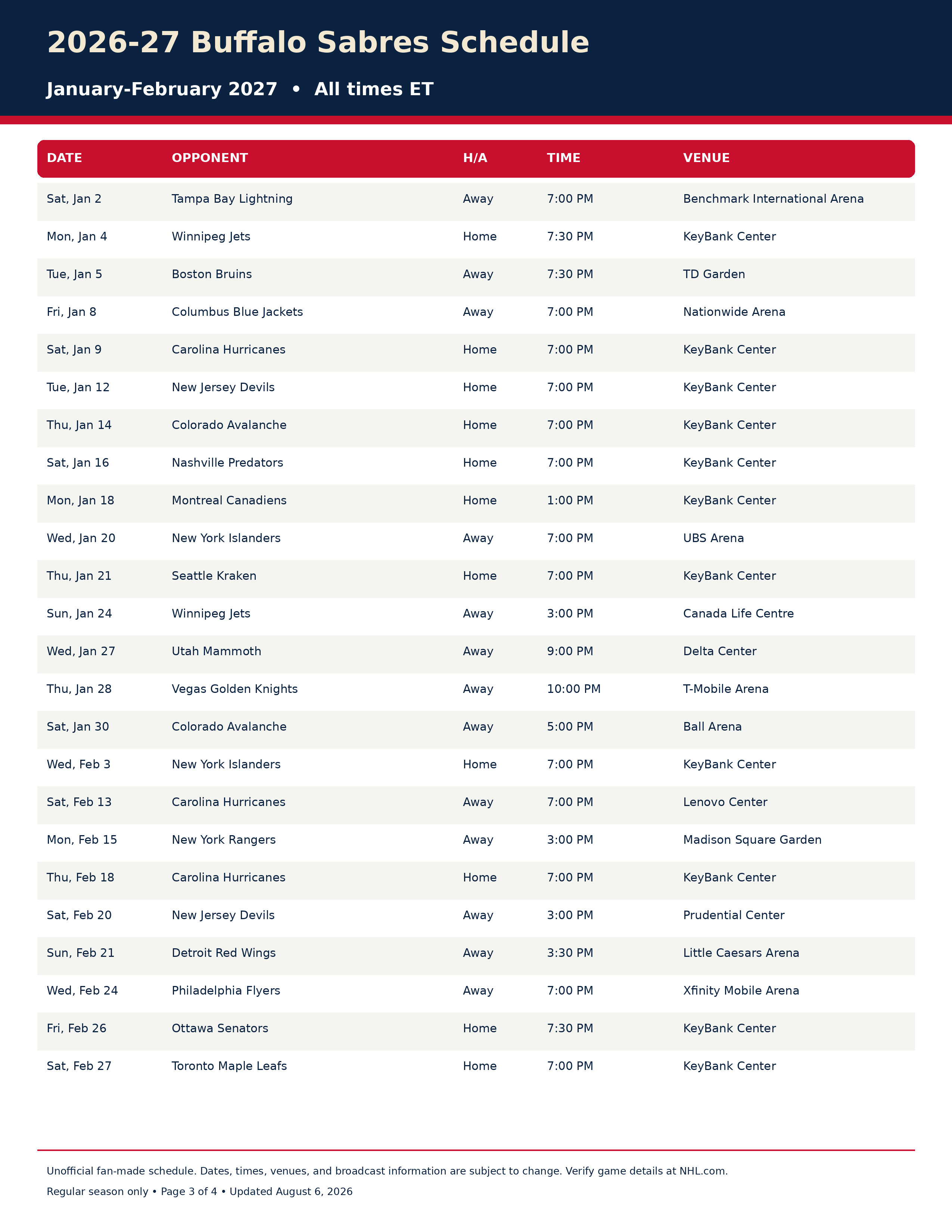 2026-27 Buffalo Sabres Schedule Printable 3
