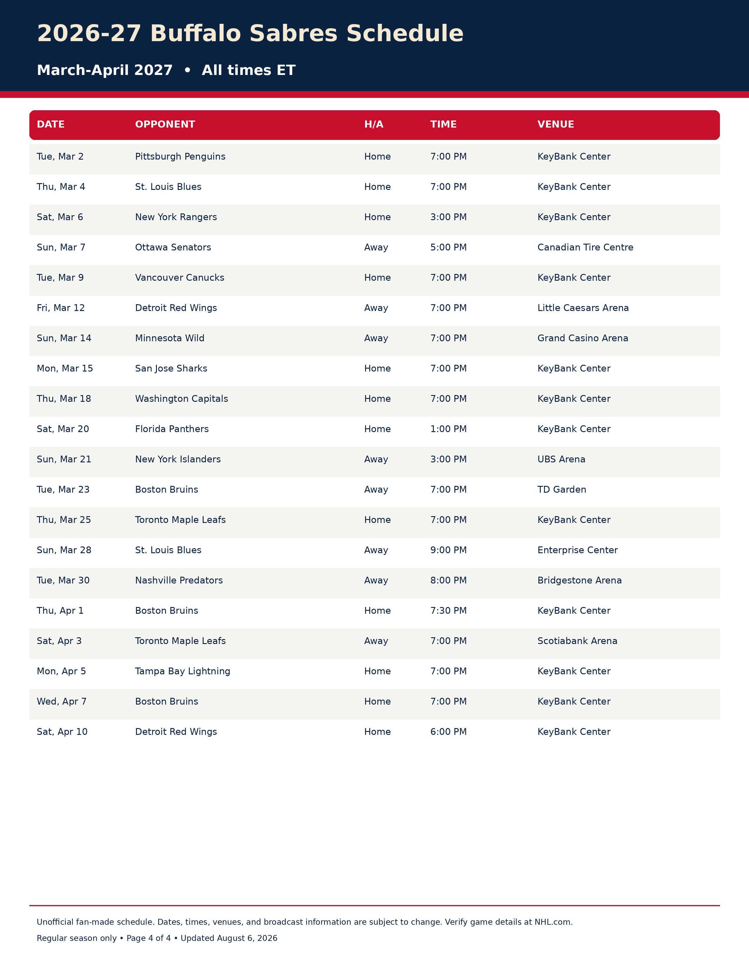 2026-27 Buffalo Sabres Schedule Printable 4