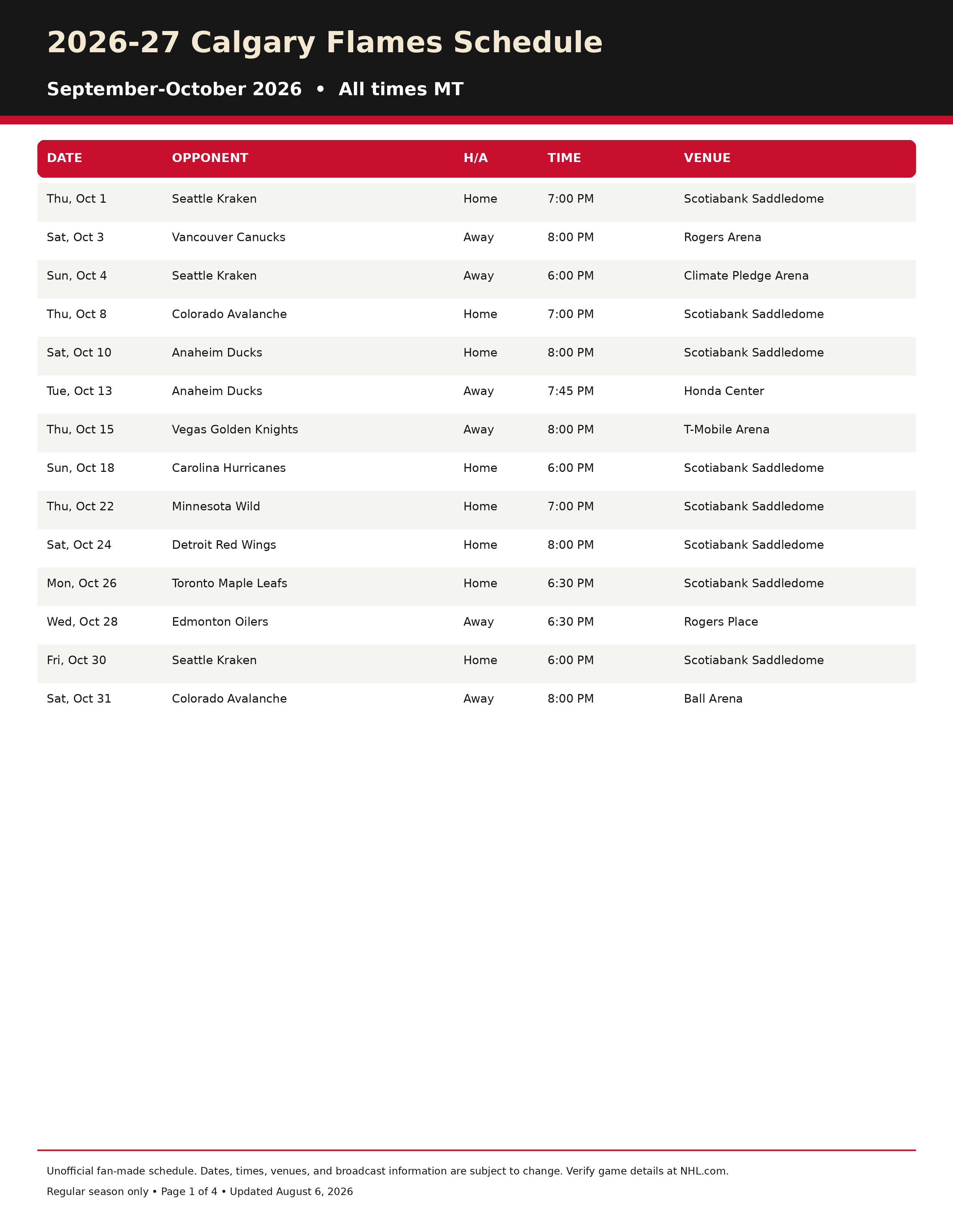 2026-27 Calgary Flames Schedule Printable 1
