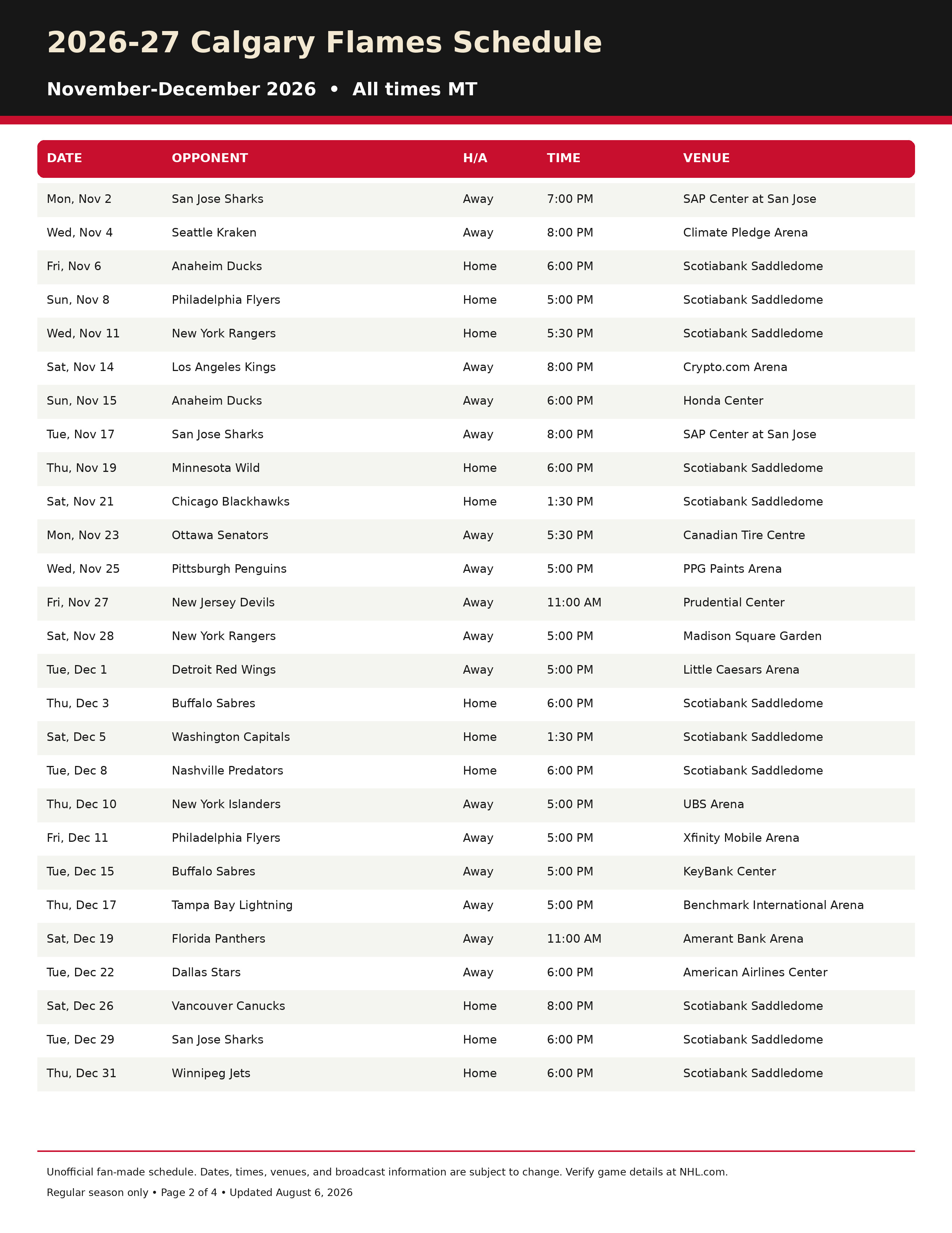 2026-27 Calgary Flames Schedule Printable 2