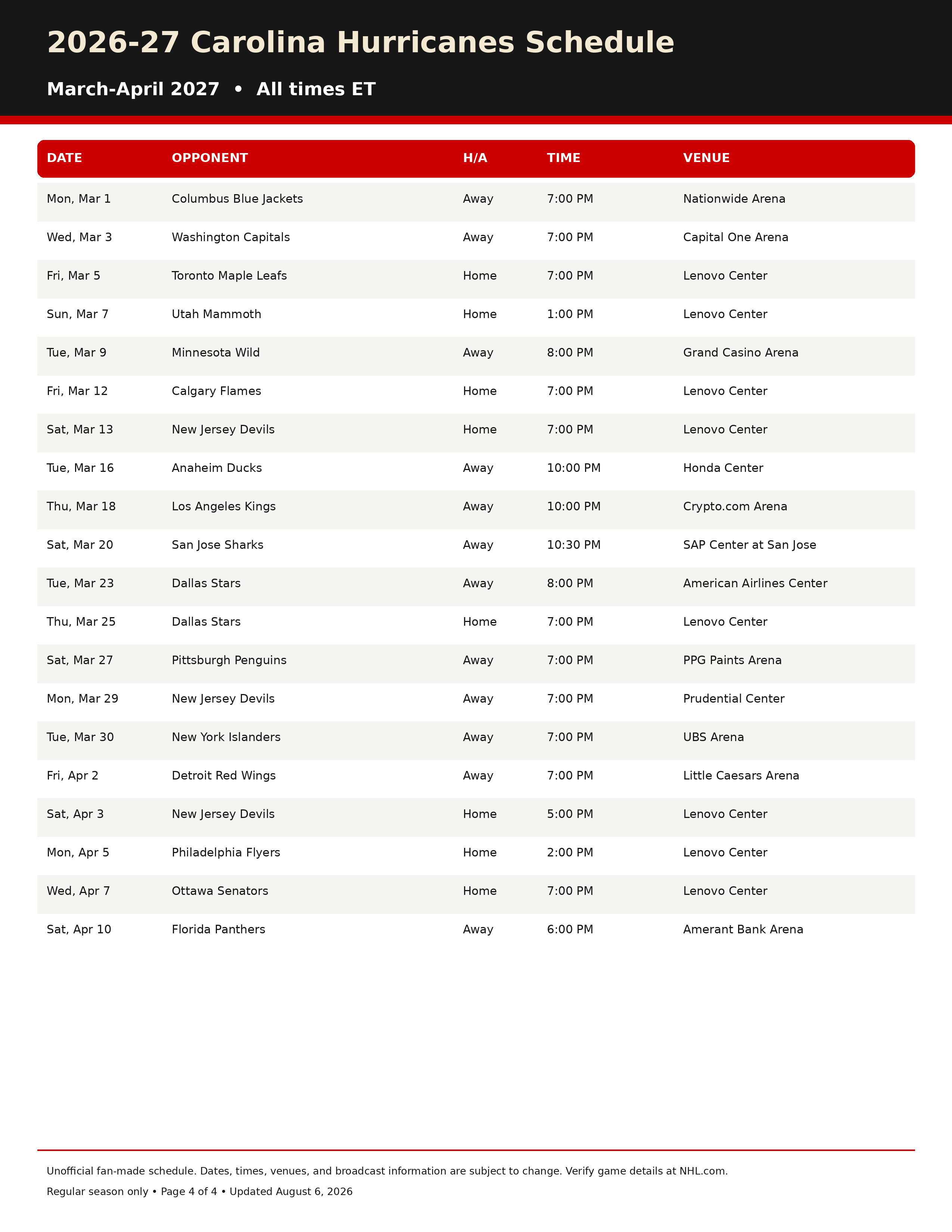 2026 27 Carolina Hurricanes Schedule Printable 4 2026-27 Carolina Hurricanes Schedule Printable 4