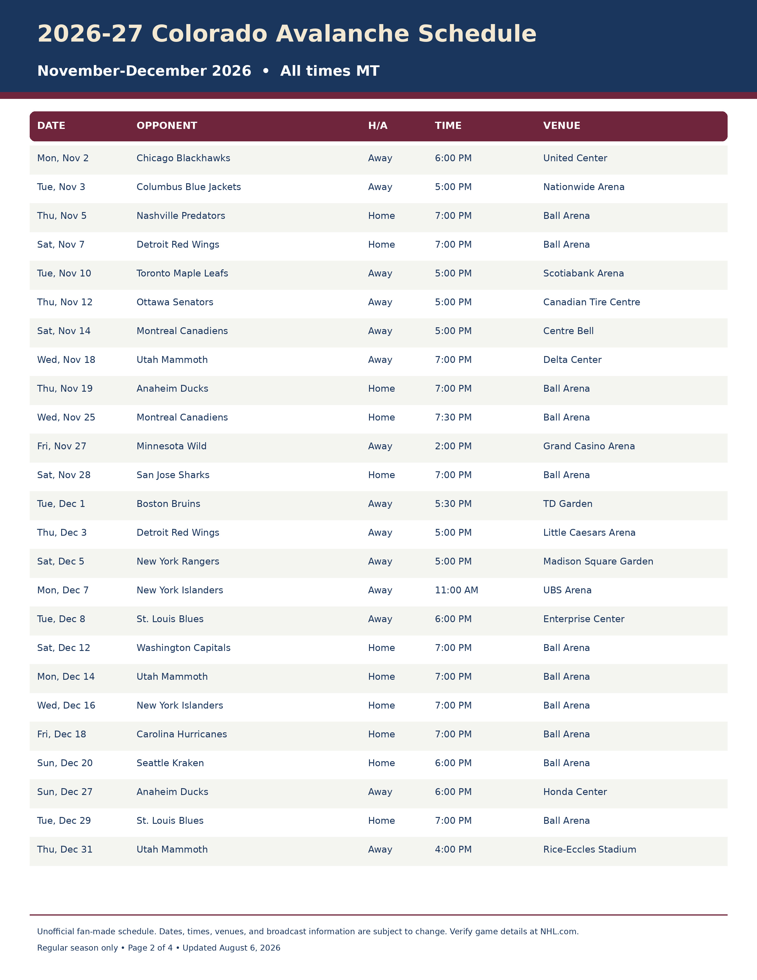 2026 27 Colorado Avalanche Schedule Printable 2 2026-27 Colorado Avalanche Schedule Printable 2