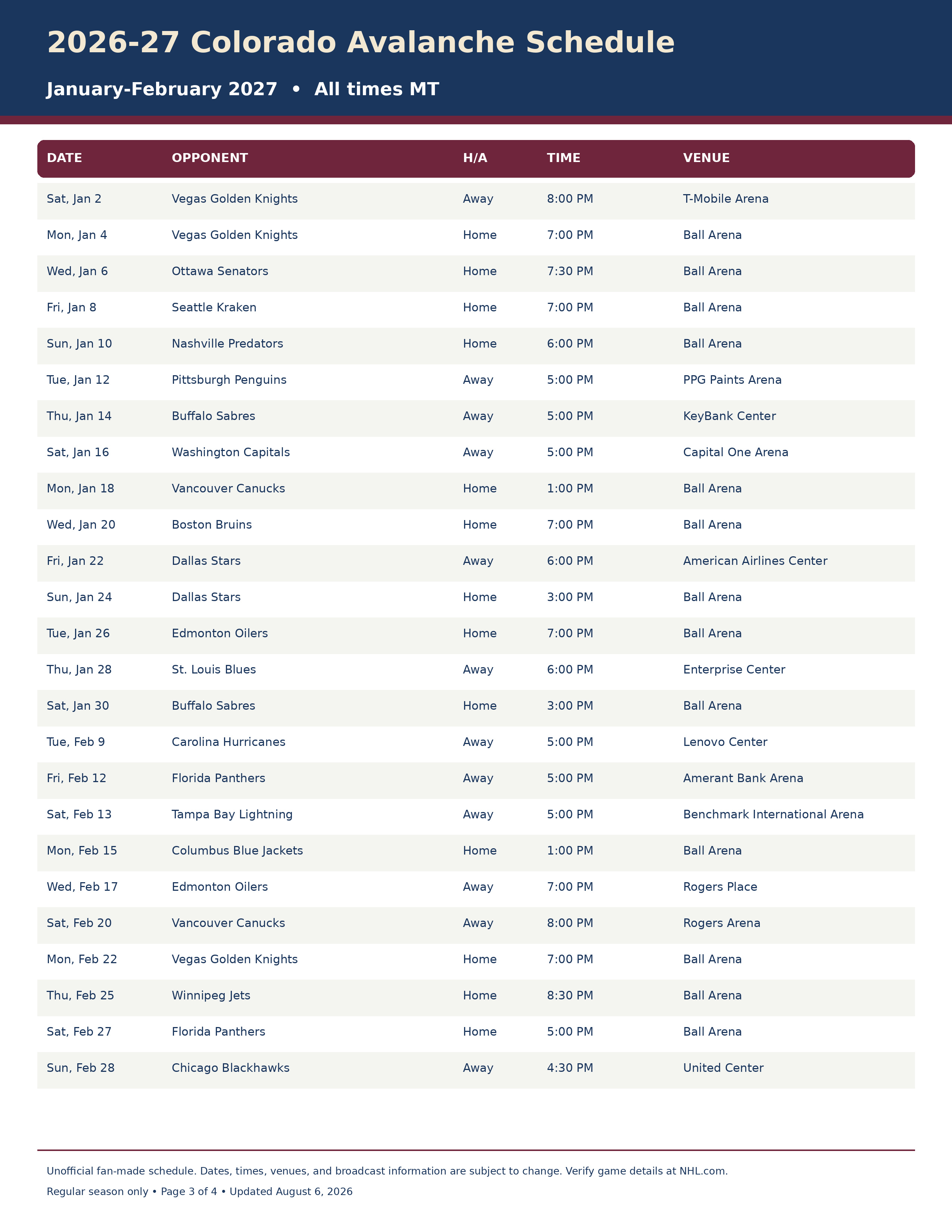 2026 27 Colorado Avalanche Schedule Printable 3 2026-27 Colorado Avalanche Schedule Printable 3