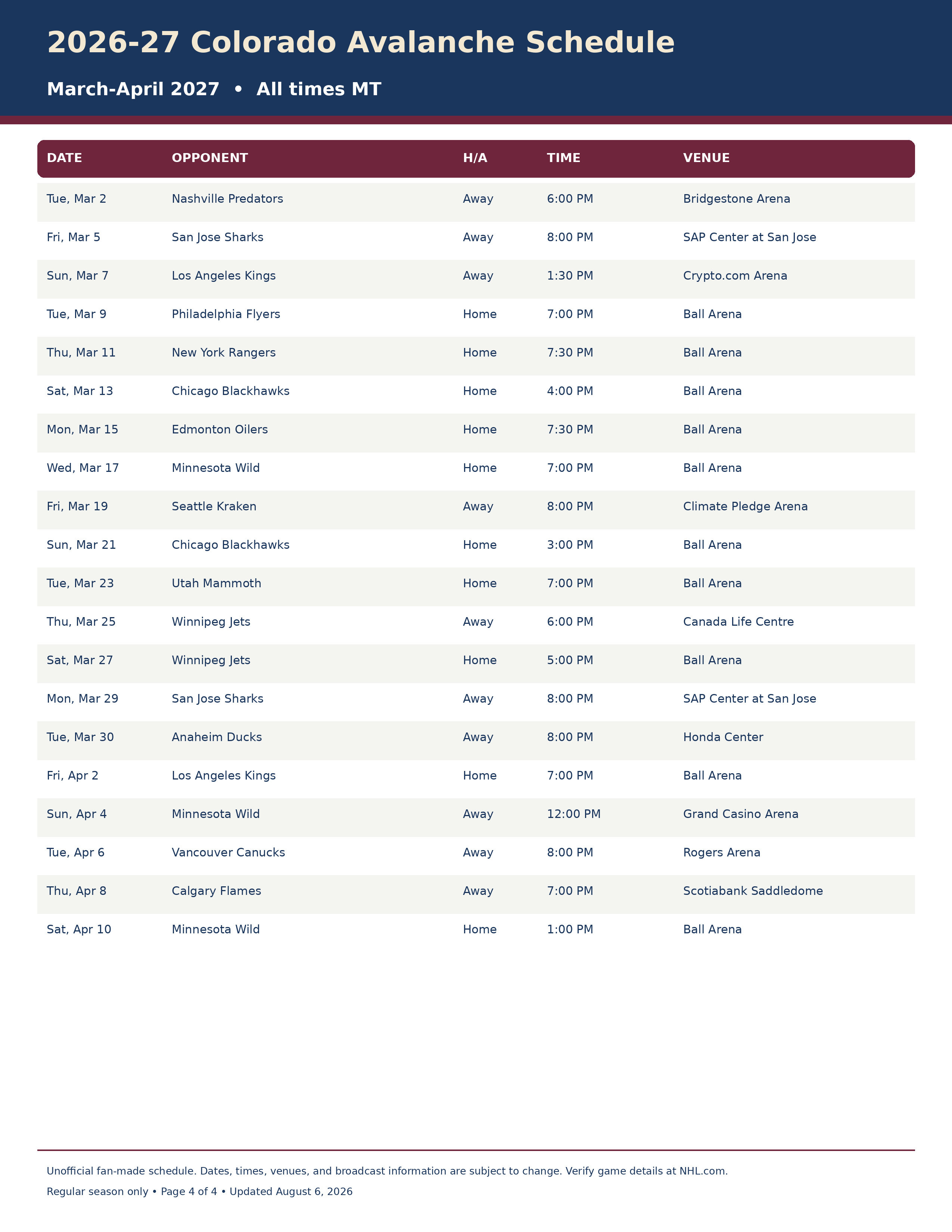 2026 27 Colorado Avalanche Schedule Printable 4 2026-27 Colorado Avalanche Schedule Printable 4