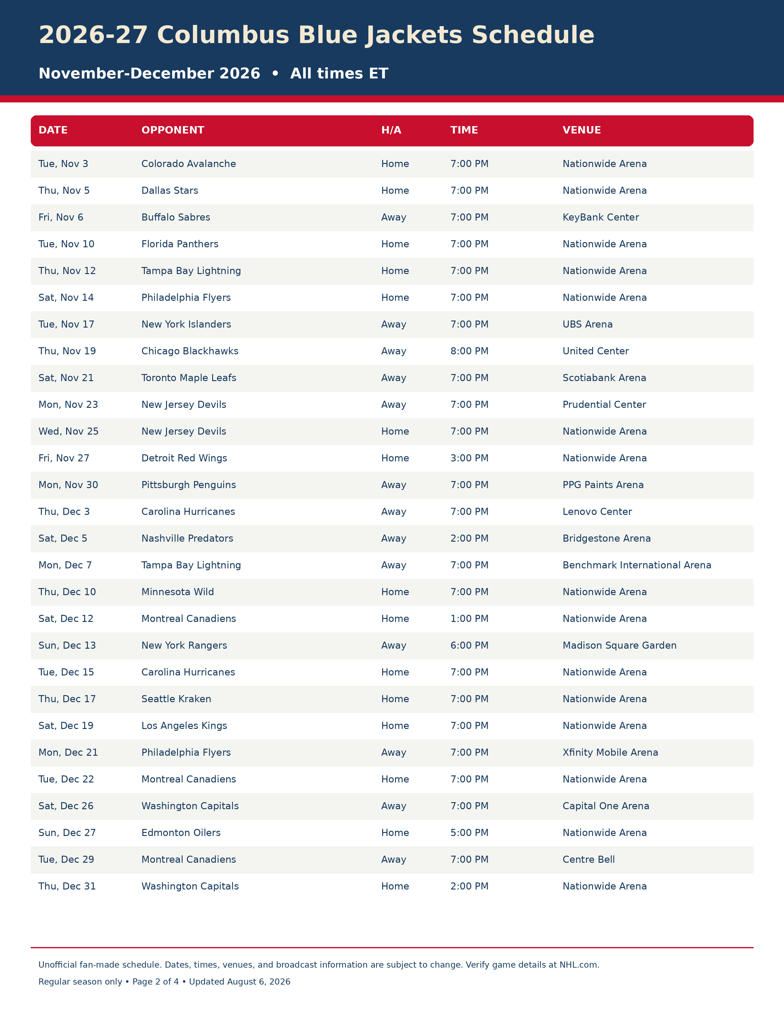 2026-27 Columbus Blue Jackets Schedule Printable 2