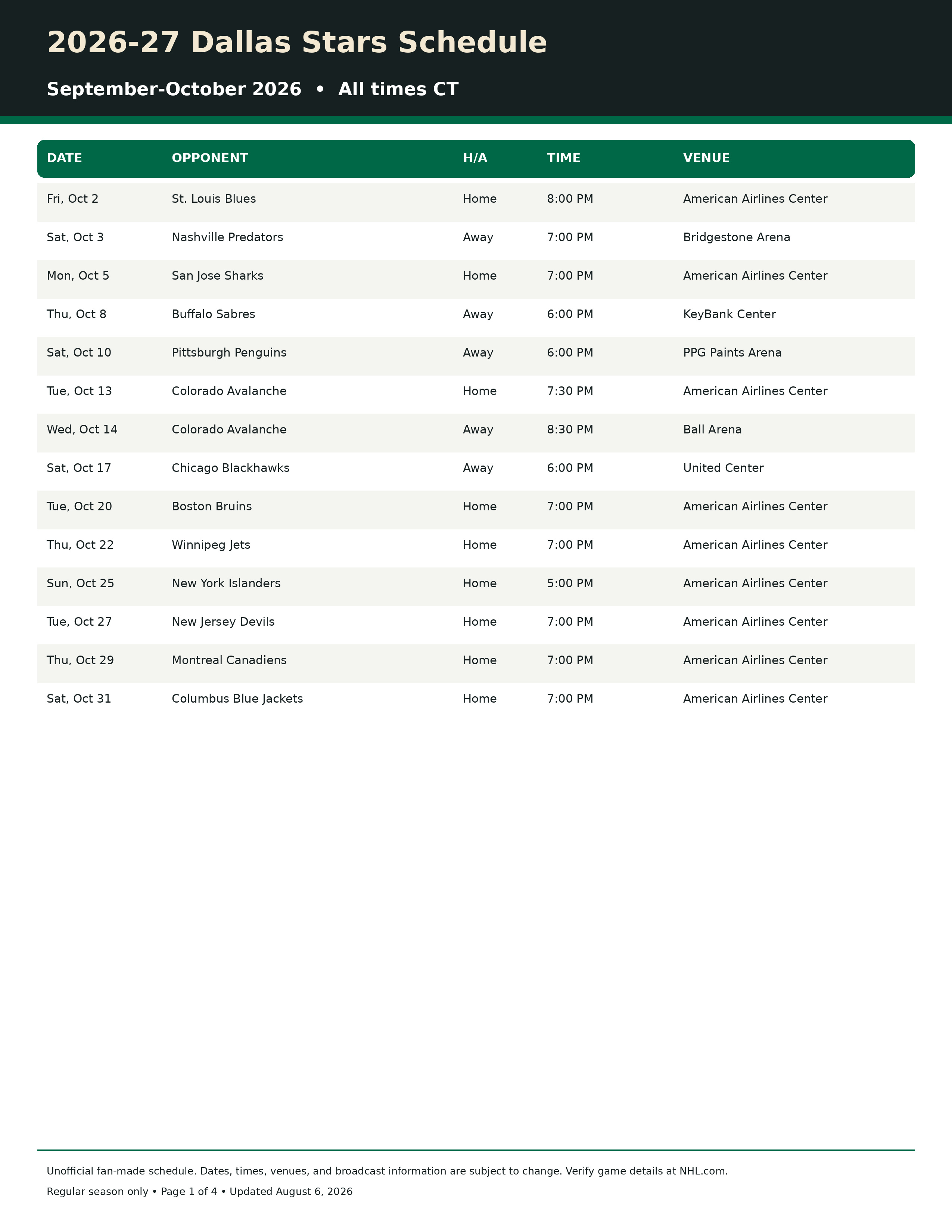 2026-27 Dallas Stars Schedule Printable 1