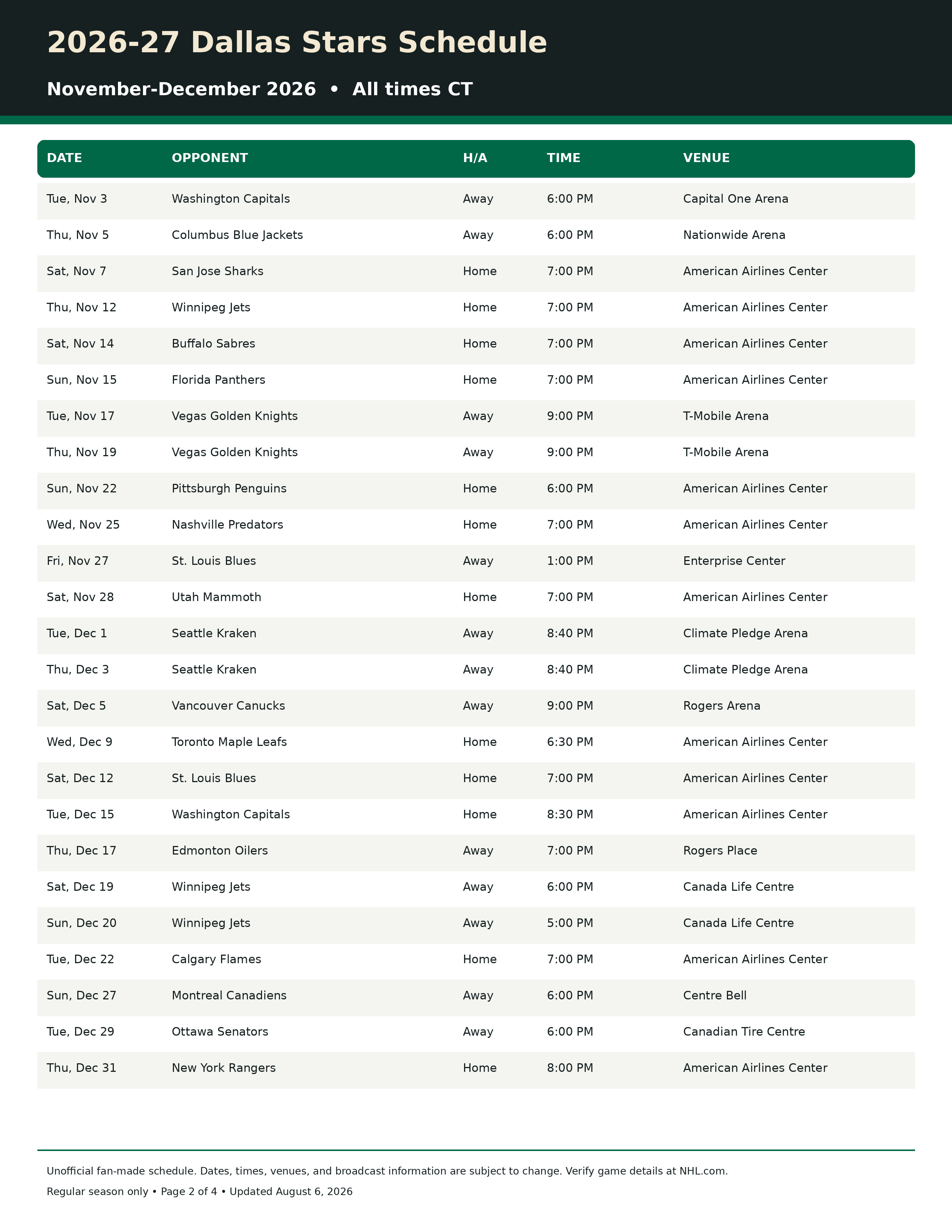 2026-27 Dallas Stars Schedule Printable 2