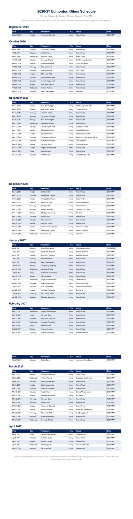 2026-27 Edmonton Oilers Schedule Printable