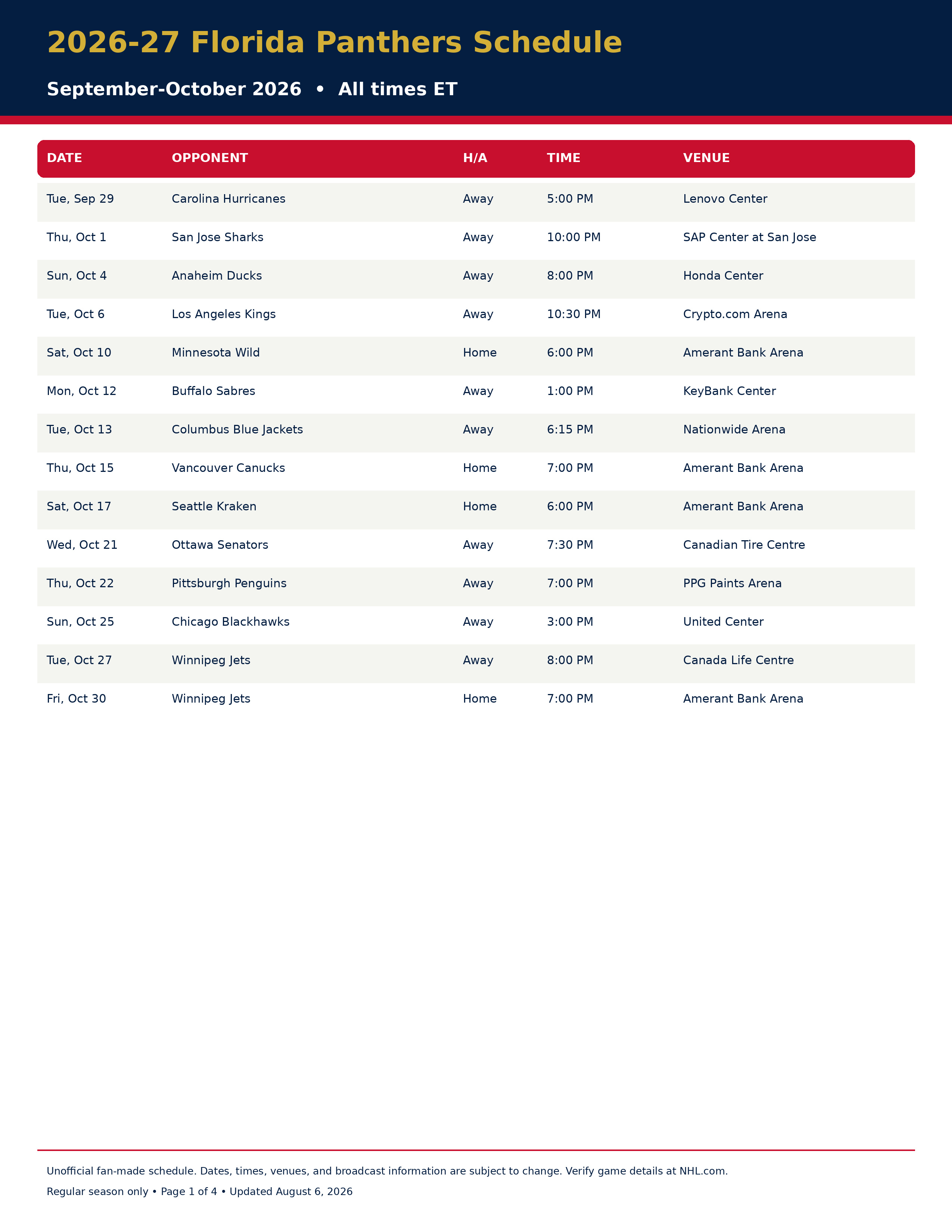 2026-27 Florida Panthers Schedule Printable 1