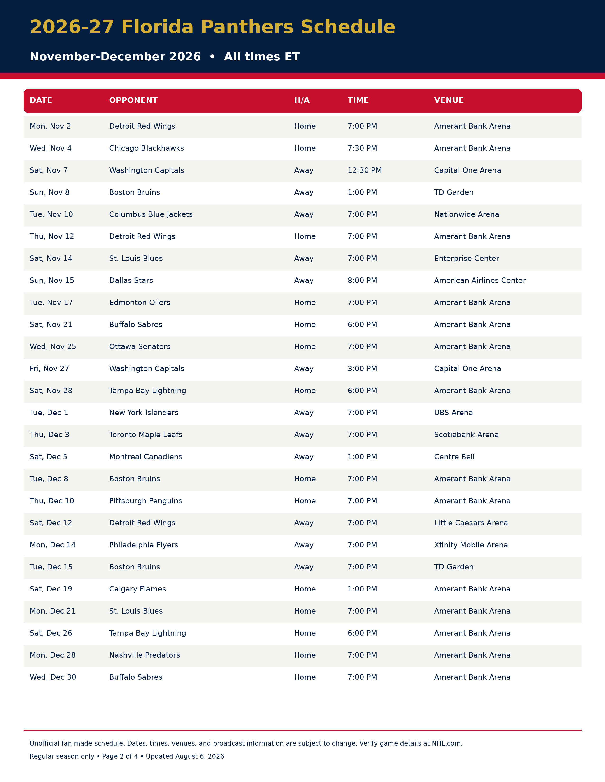 2026-27 Florida Panthers Schedule Printable 2