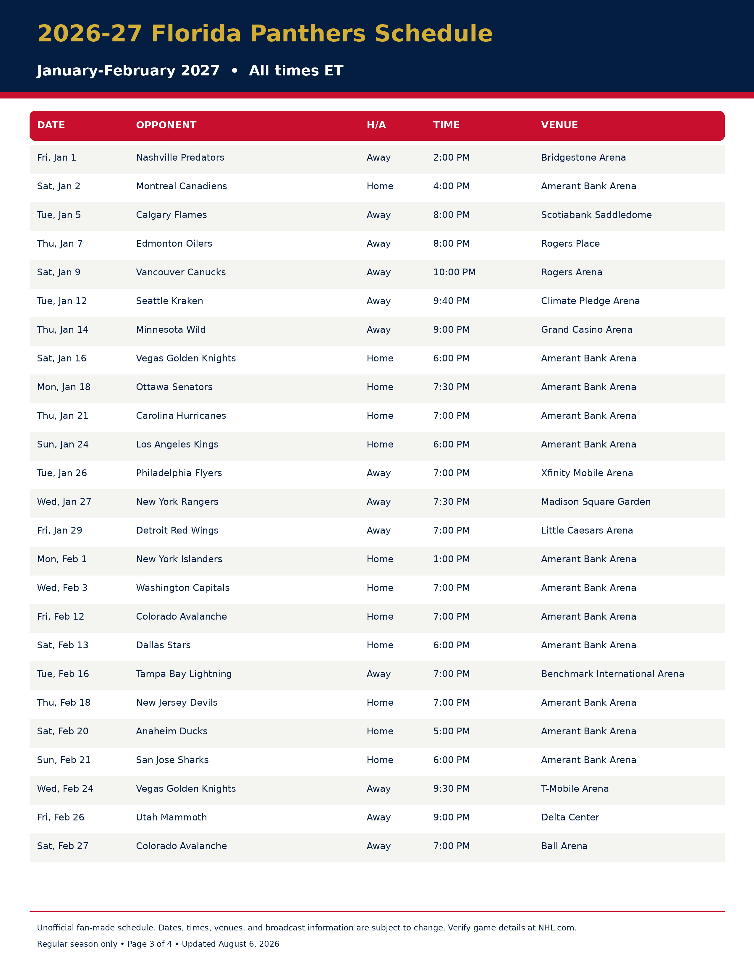 2026-27 Florida Panthers Schedule Printable 3