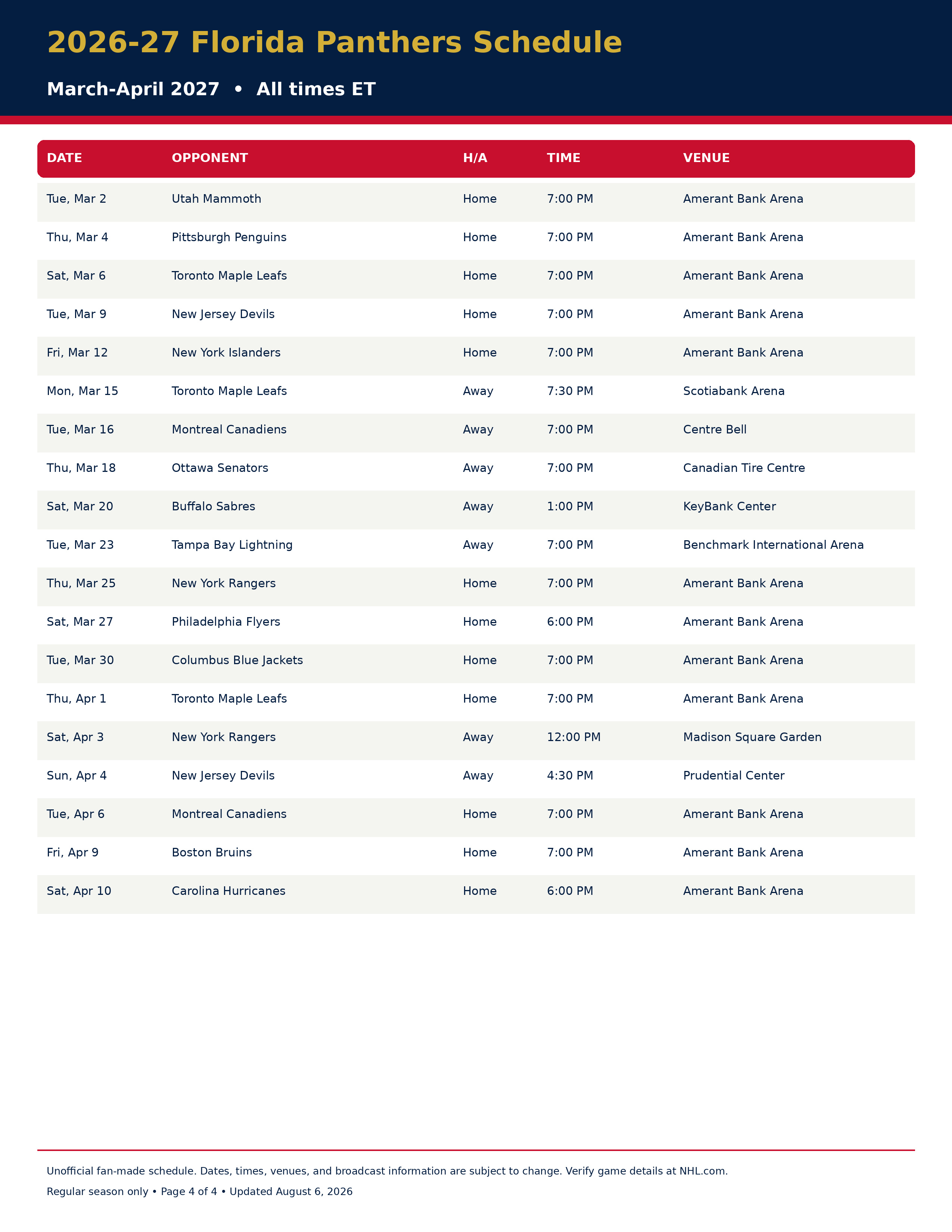 2026-27 Florida Panthers Schedule Printable 4