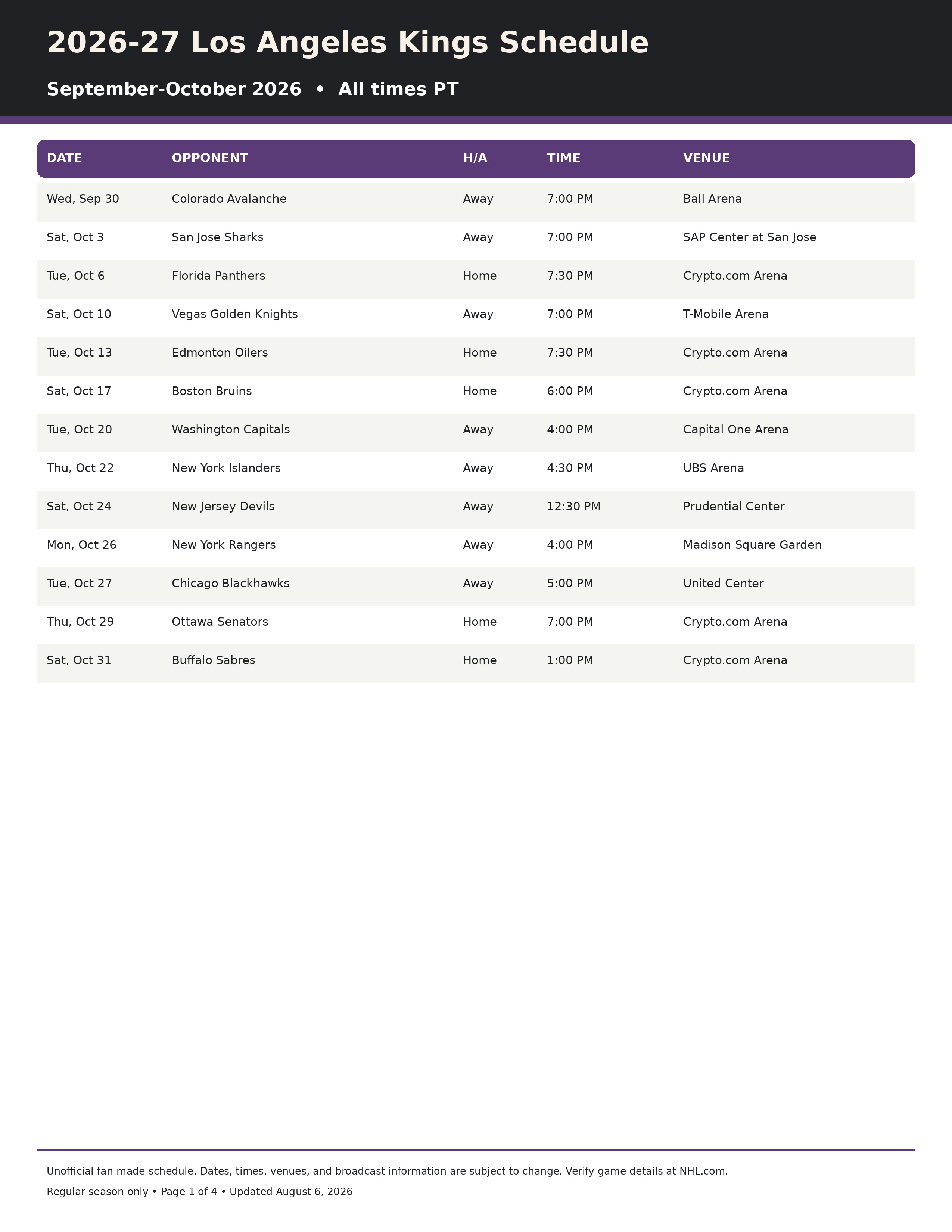 2026-27 Los Angeles Kings Schedule Printable 1