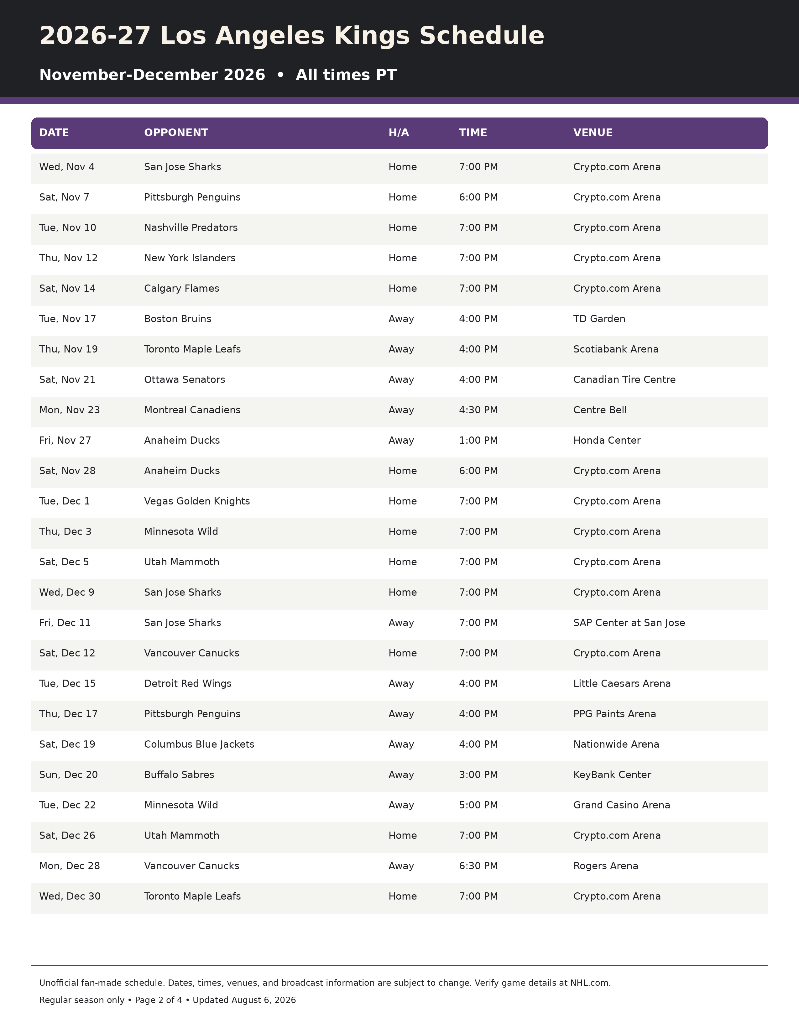2026-27 Los Angeles Kings Schedule Printable 2