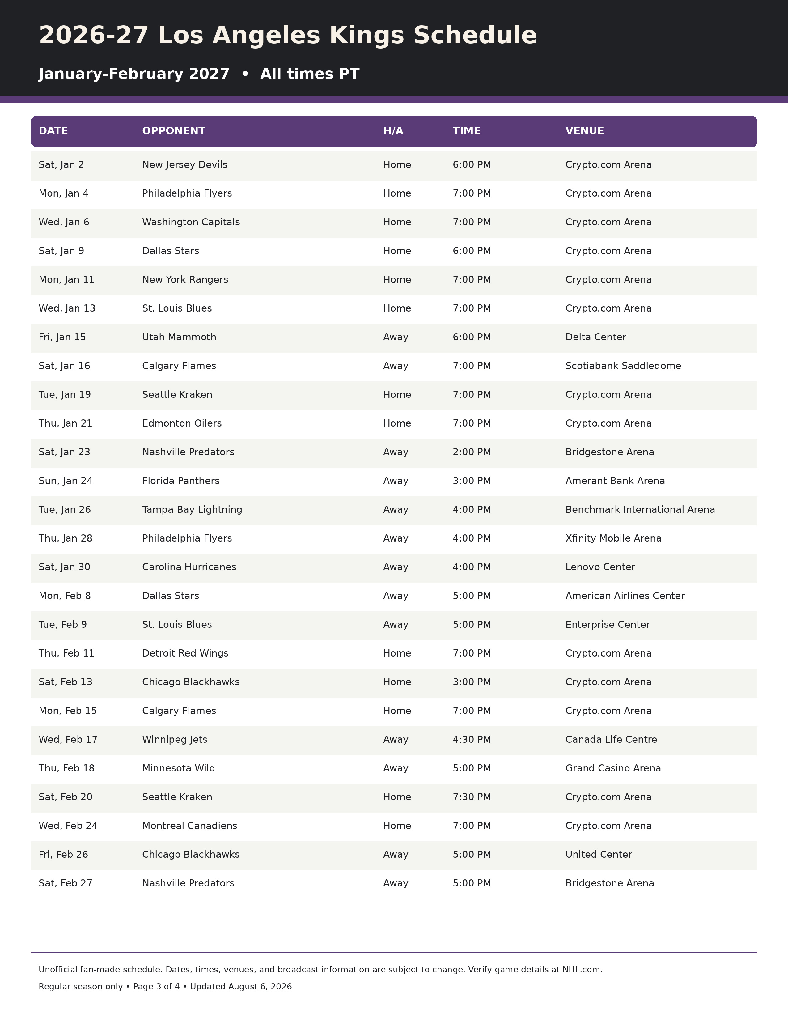 2026-27 Los Angeles Kings Schedule Printable 3