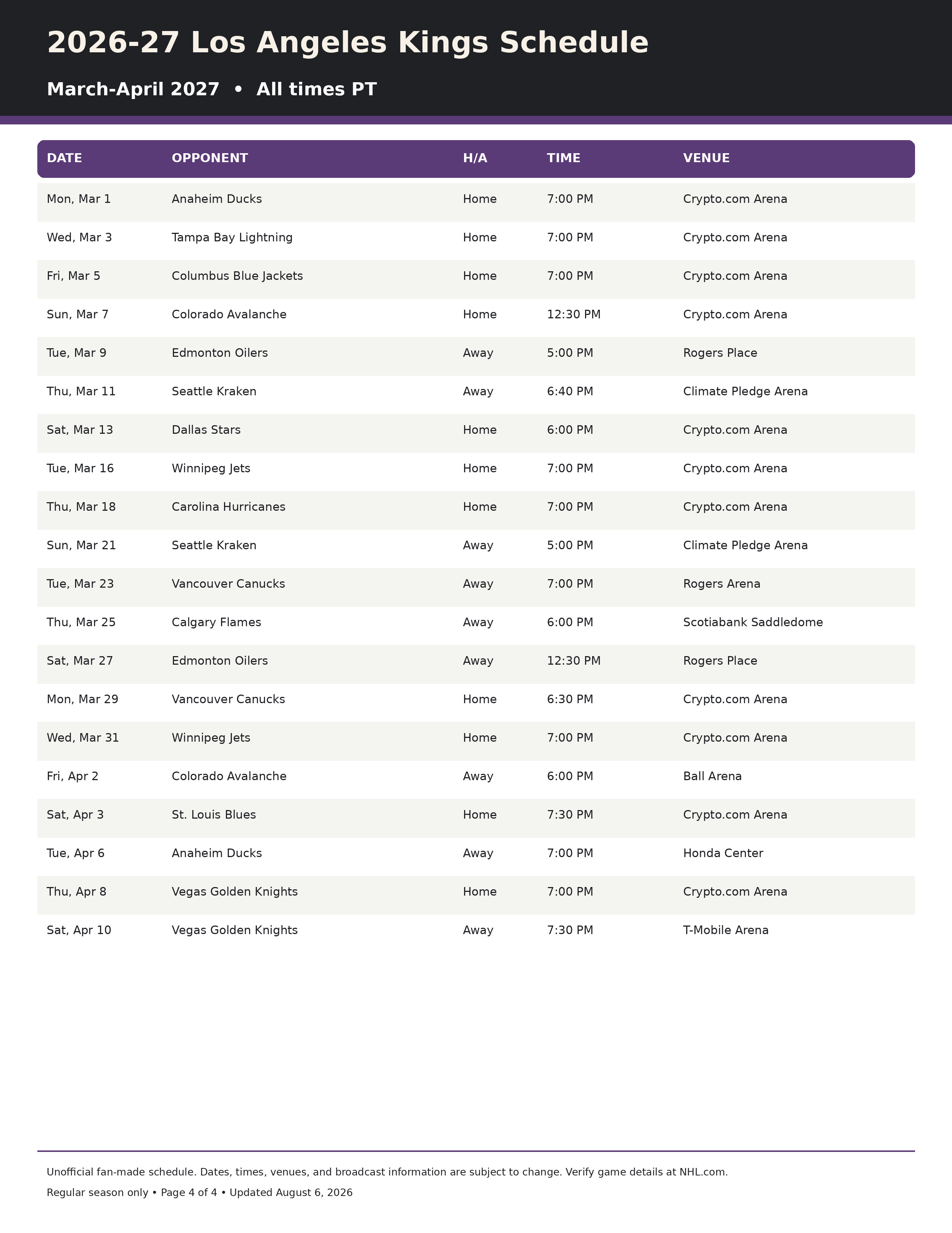 2026-27 Los Angeles Kings Schedule Printable 4