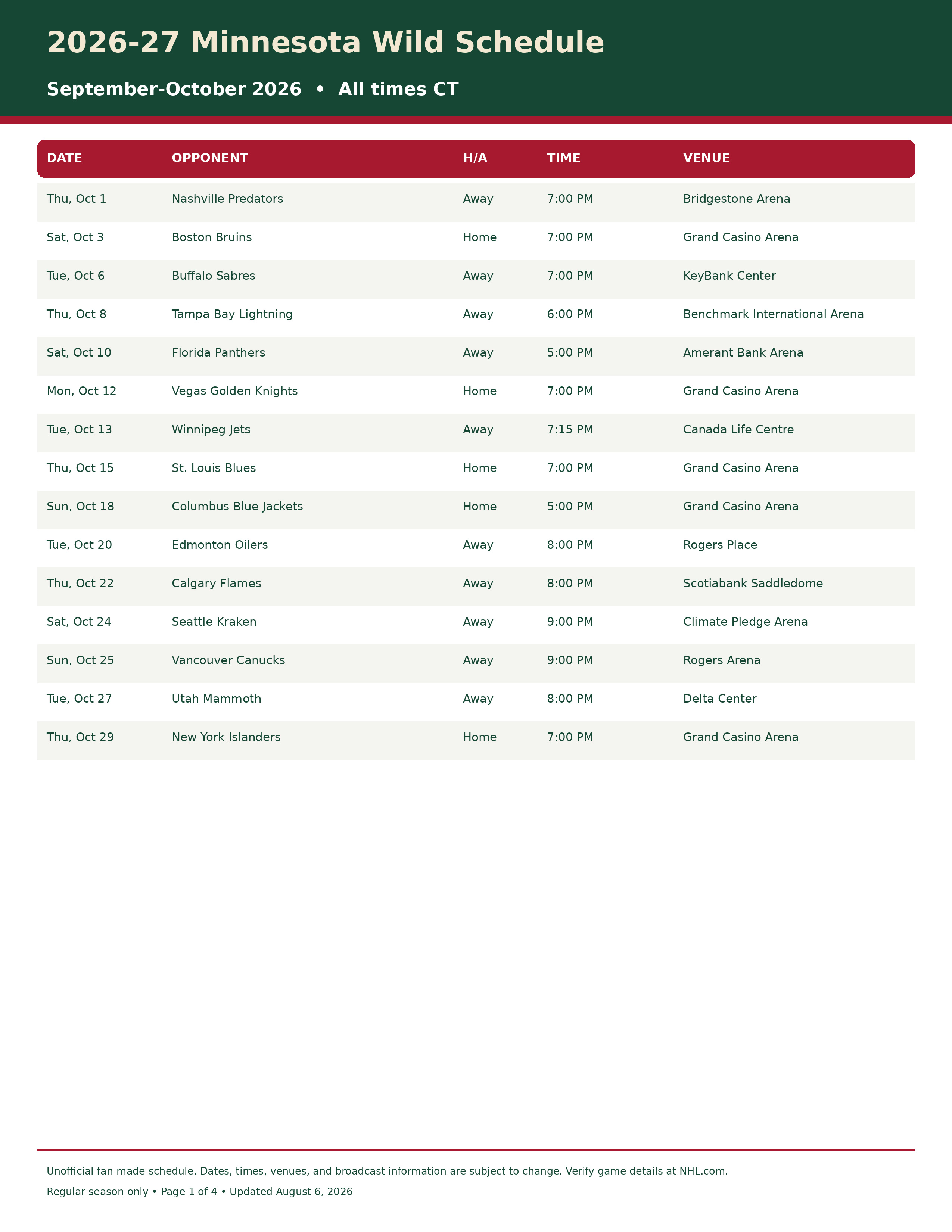 2026-27 Minnesota Wild Schedule Printable 1