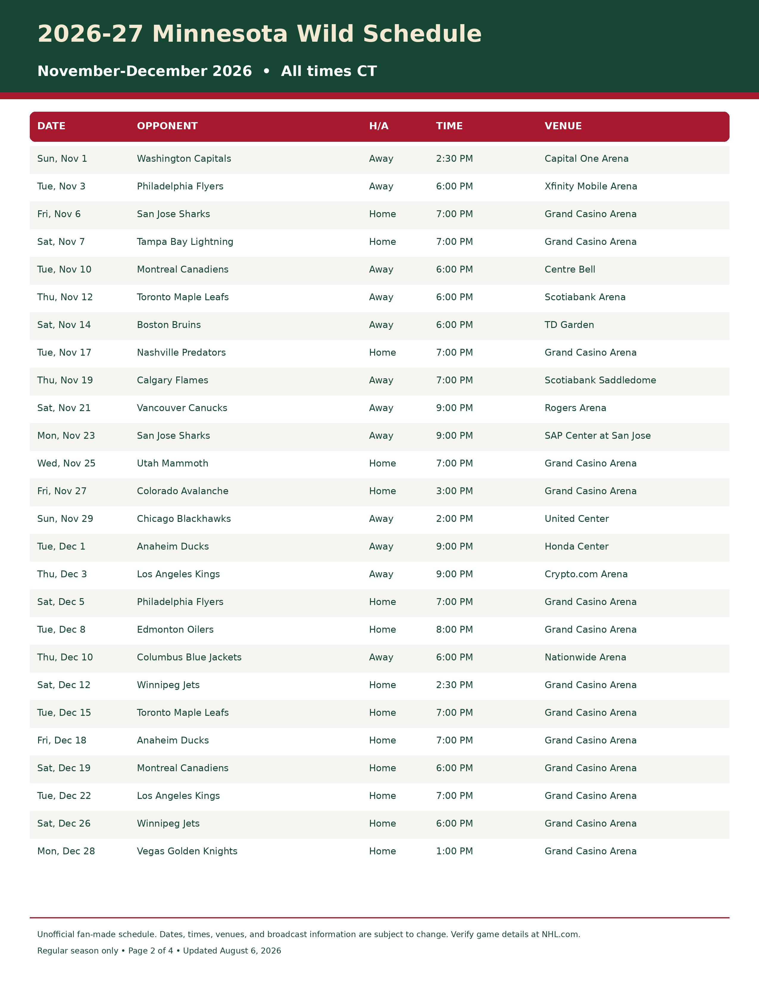 2026-27 Minnesota Wild Schedule Printable 2
