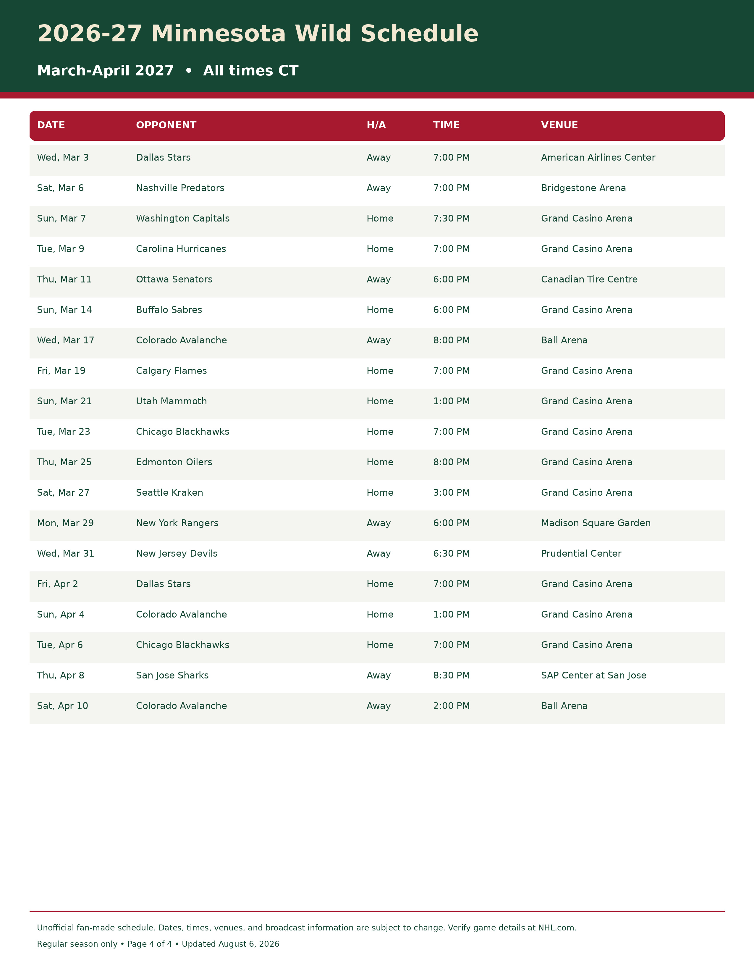 2026-27 Minnesota Wild Schedule Printable 4