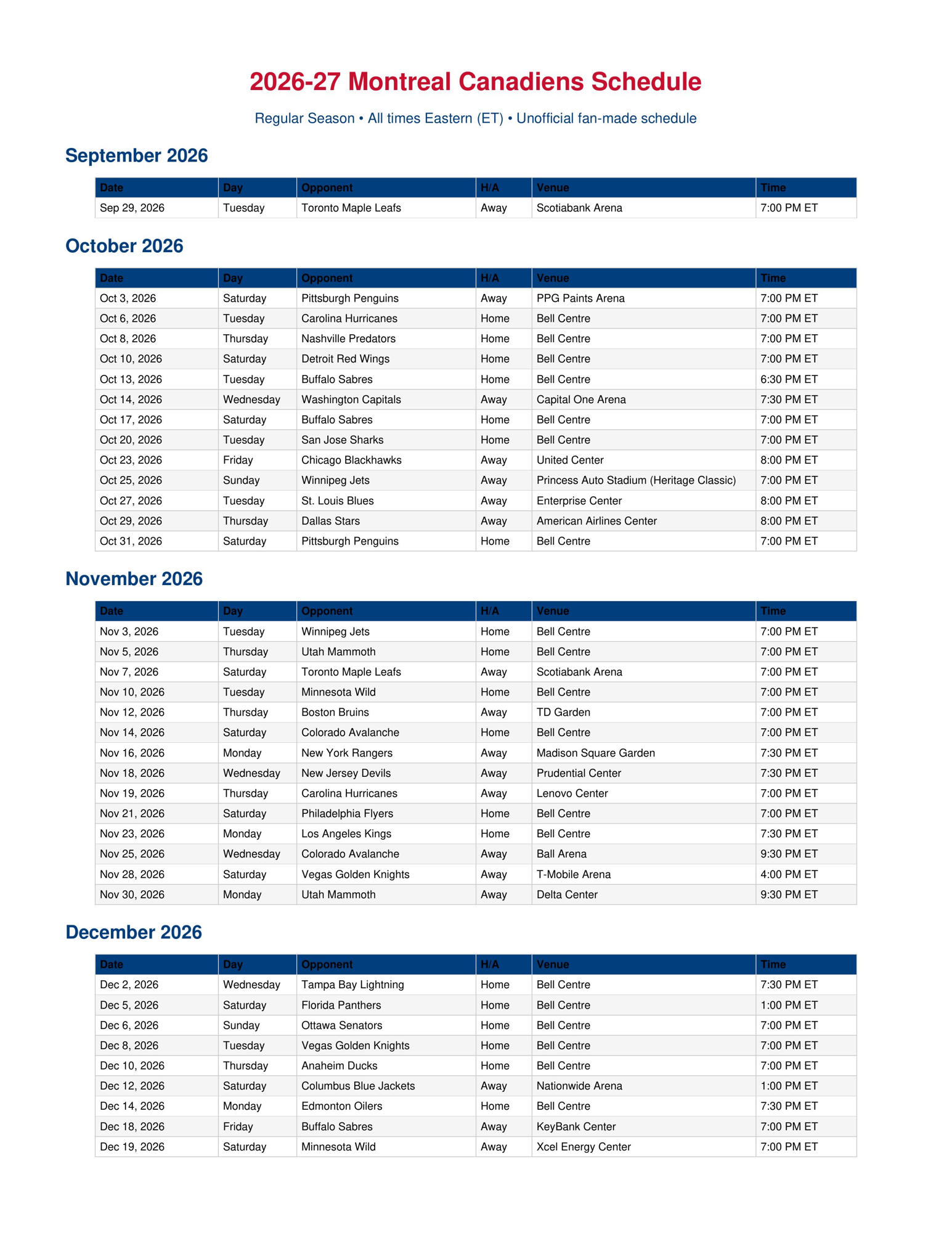2026-27 Montreal Canadiens Schedule Printable 1