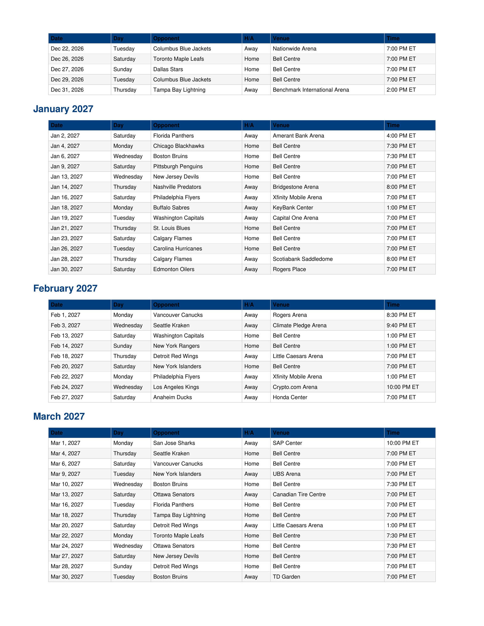 2026-27 Montreal Canadiens Schedule Printable 2